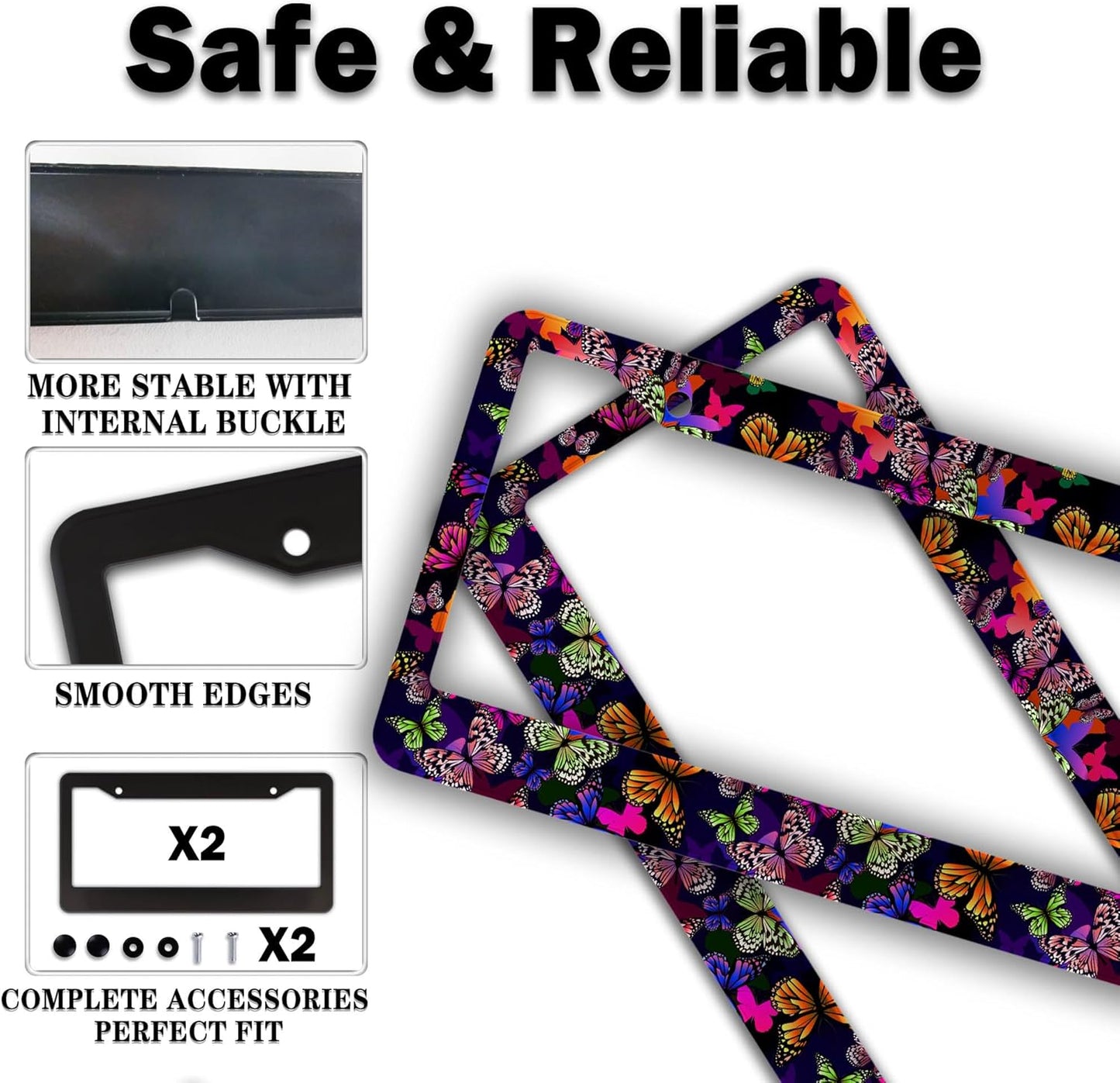 License Plate Frames Multicolor Car Plate Frame Colorful Watercolor Butterfly Aluminum Metal Car Accessory 2 Pack with Screw Covers Set