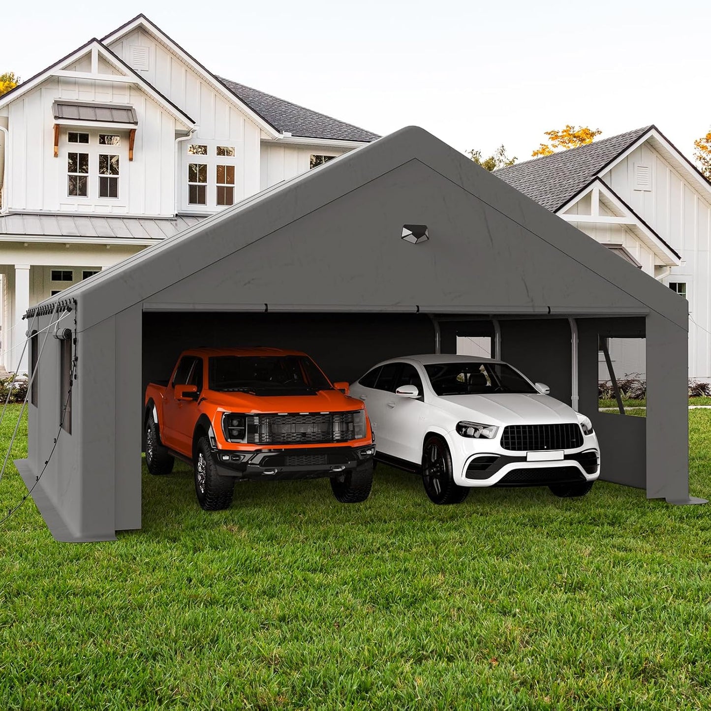20x20 Carport, Heavy Duty Carport Canopy Garage with Removable Sidewalls and Drive Through Roll Up Zipper Doors, Grey