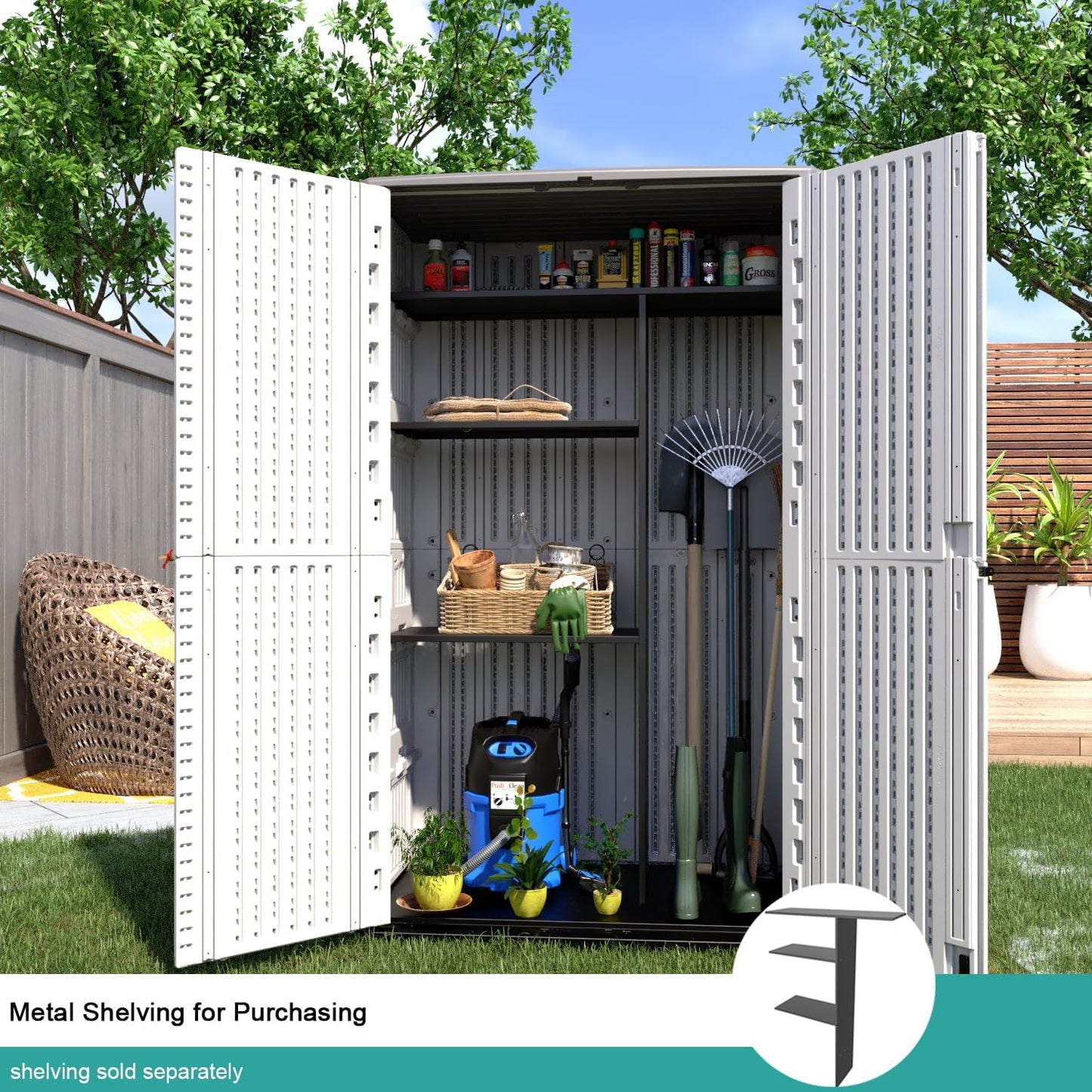 Outdoor Storage Shed,KINYING Outdoor Storage Cabinet Waterproof with Double Doors,52 Cu.ft Resin Vertical Tool Shed for Garden,Patio,Backyard,4×2.5×6.6 FT