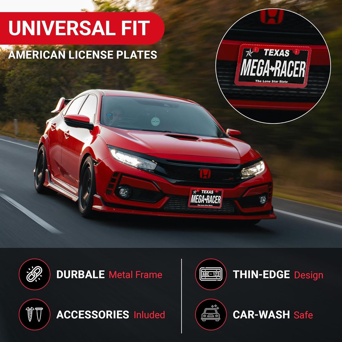 Premium Slim Red License Plate Frames – 2 Pack, Rust-Free Stainless Steel, Street Legal & Rattle-Free, Universal Fit with Screw Covers, Sleek Thin Metal Front & Rear Car Tag Holders for Men & Women