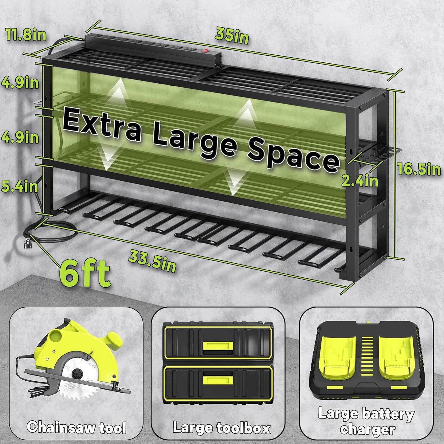 Large Power Tool Organizer Wall Mount with Charging Station, 8 Outlet Power Strip, 4 Layers 8 Drill Holder Heavy Duty Metal Tool Storage Loads 420lbs with Screwdriver Holder, Utility Racks for Garage
