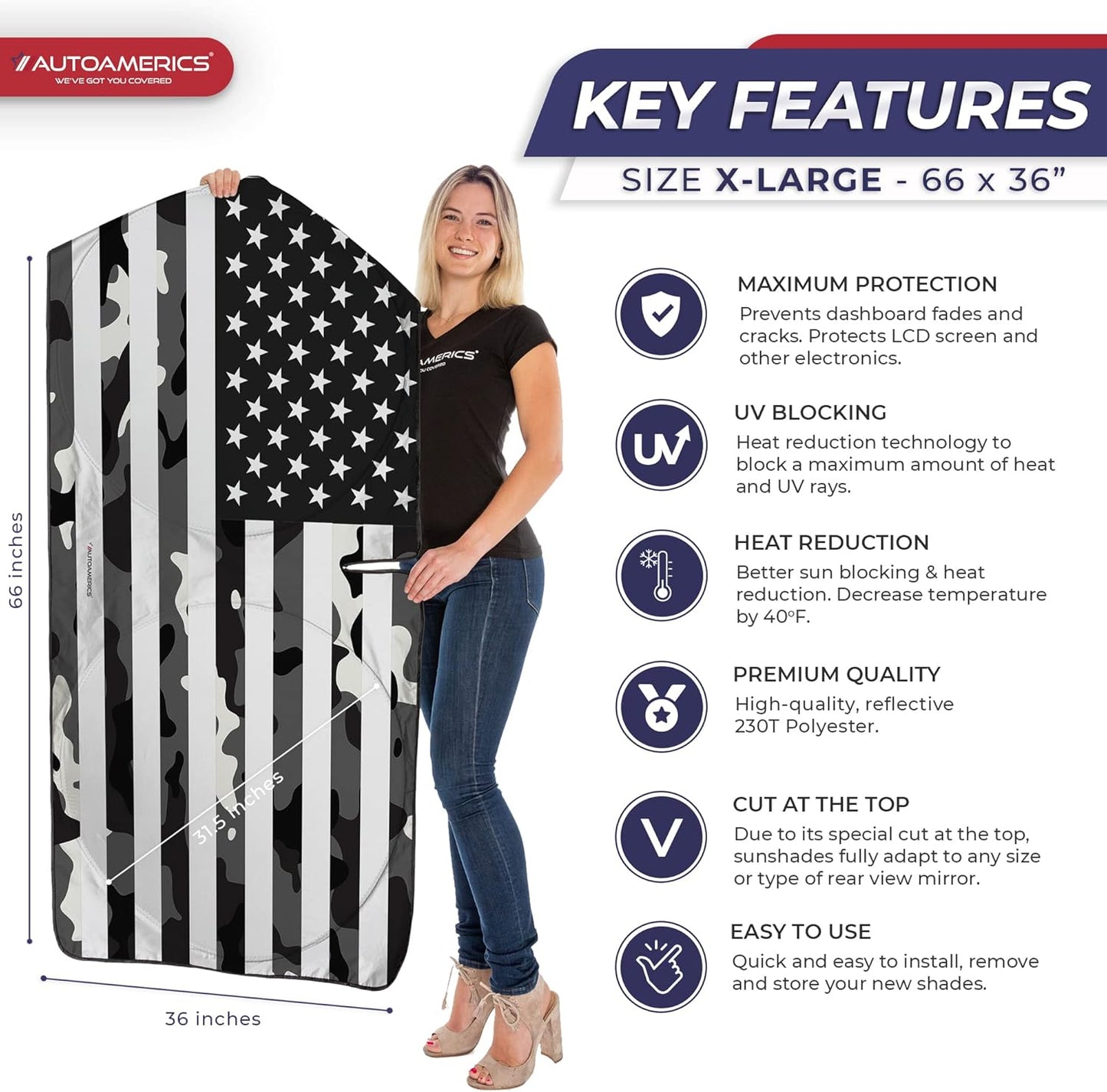 Autoamerics Truck Windshield Sun Shade with Storage Pouch & Anti-Slip Dash Pad - Foldable B&W Camo USA Flag Design - Fits Most SUVs & Trucks - Blocks UV Rays and Keeps Car Cool | XL (66 x 36 inches)