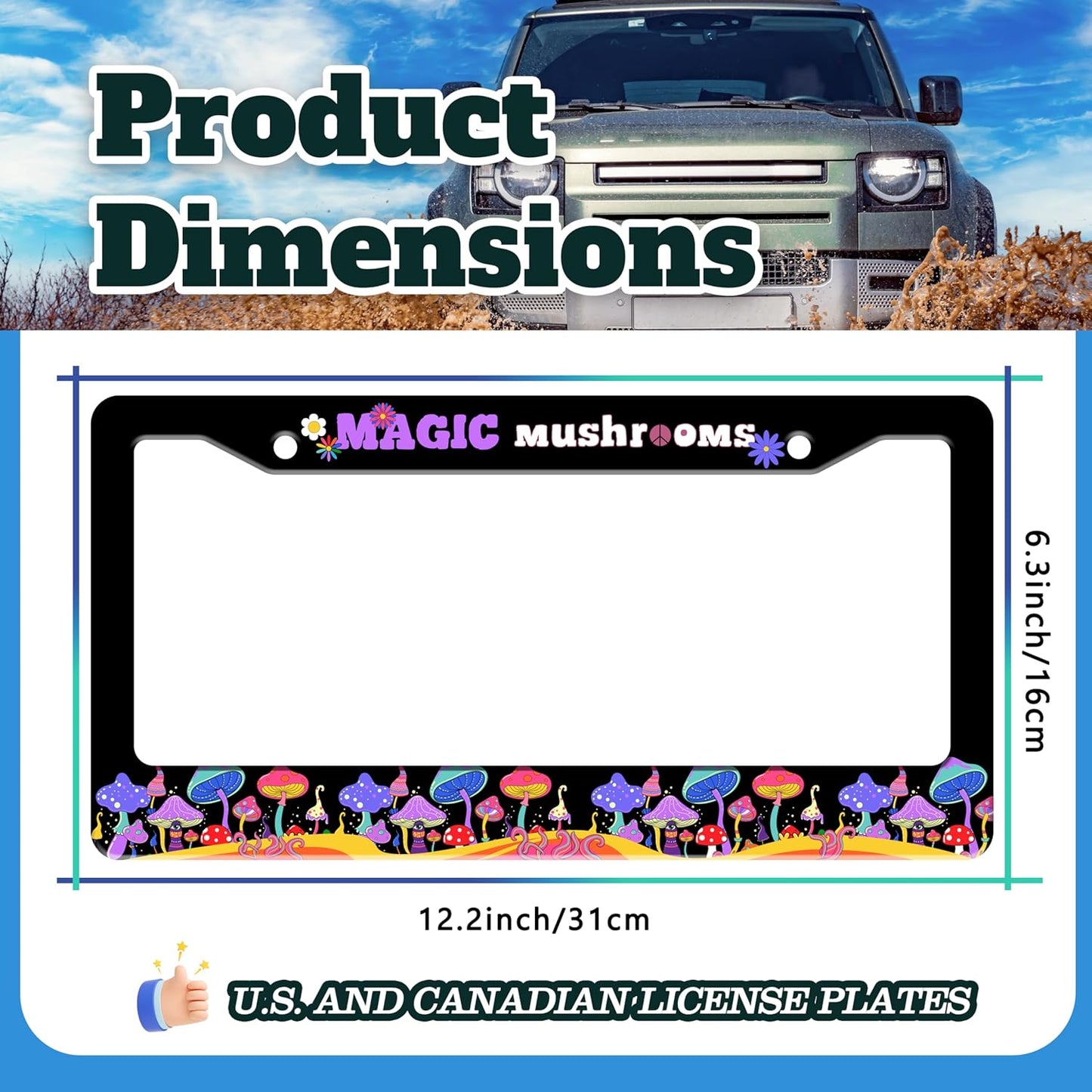 Magic Mushrooms License Plate Frame Colorful Dream Stainless Steel License Plate Holder for Front or Rear Car Tags Funny for Car Decoration Accessories with Screws 6.3 X 12.2 in for Women Men