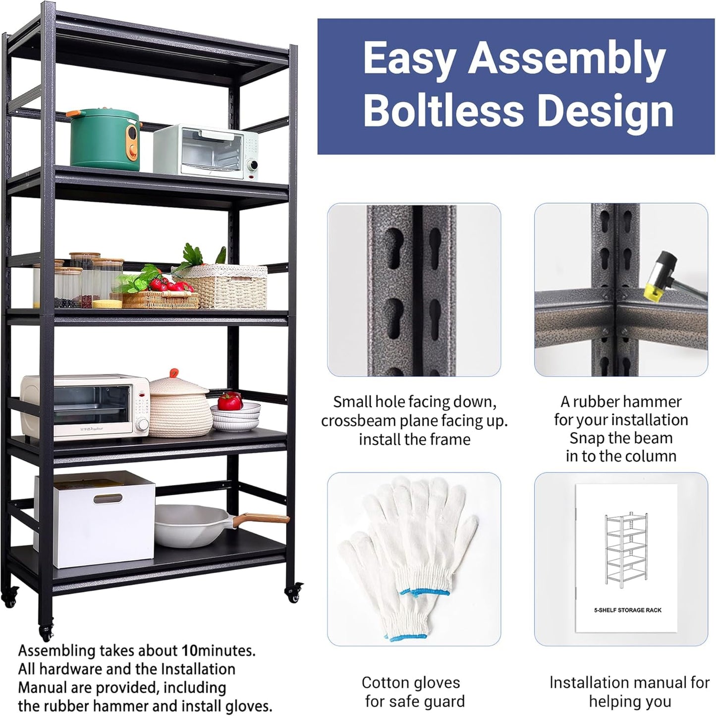 TOPKEY Metal Storage Shelf Garage Storage Shelves, Heavy Duty 5-Tier Utility Shelves for Kitchen, Warehouse, Pantry Shelves with Wheels, 72" H Adjustable Basement Storage Rack, Load 1750LBS