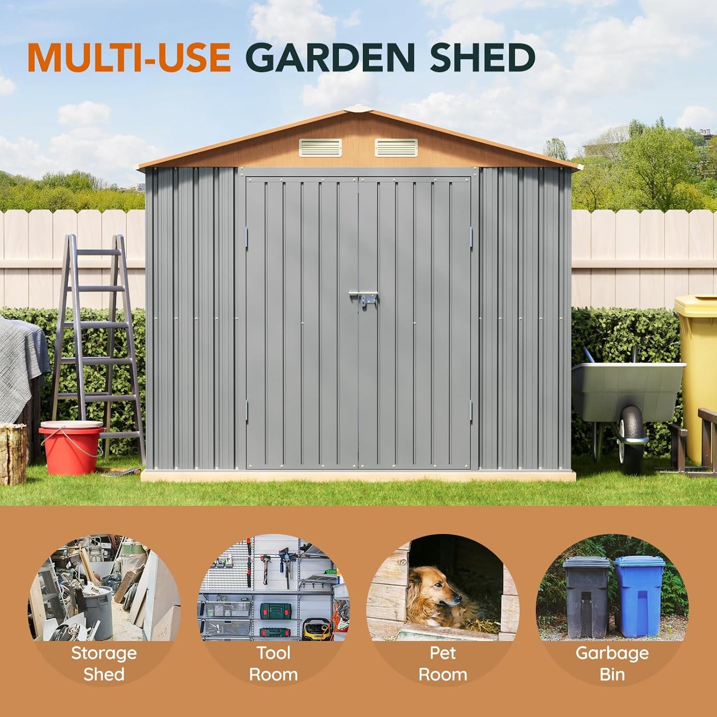 6x8FT Metal Shed & Outdoor Storage Shed with Floor Frame,Steel Tool Multi-Used Shed with Vents,Lockable Doors,Window,Compact Tool Shed for Backyard, Patio, Lawn and Garden Various Storage(Matte Gray)