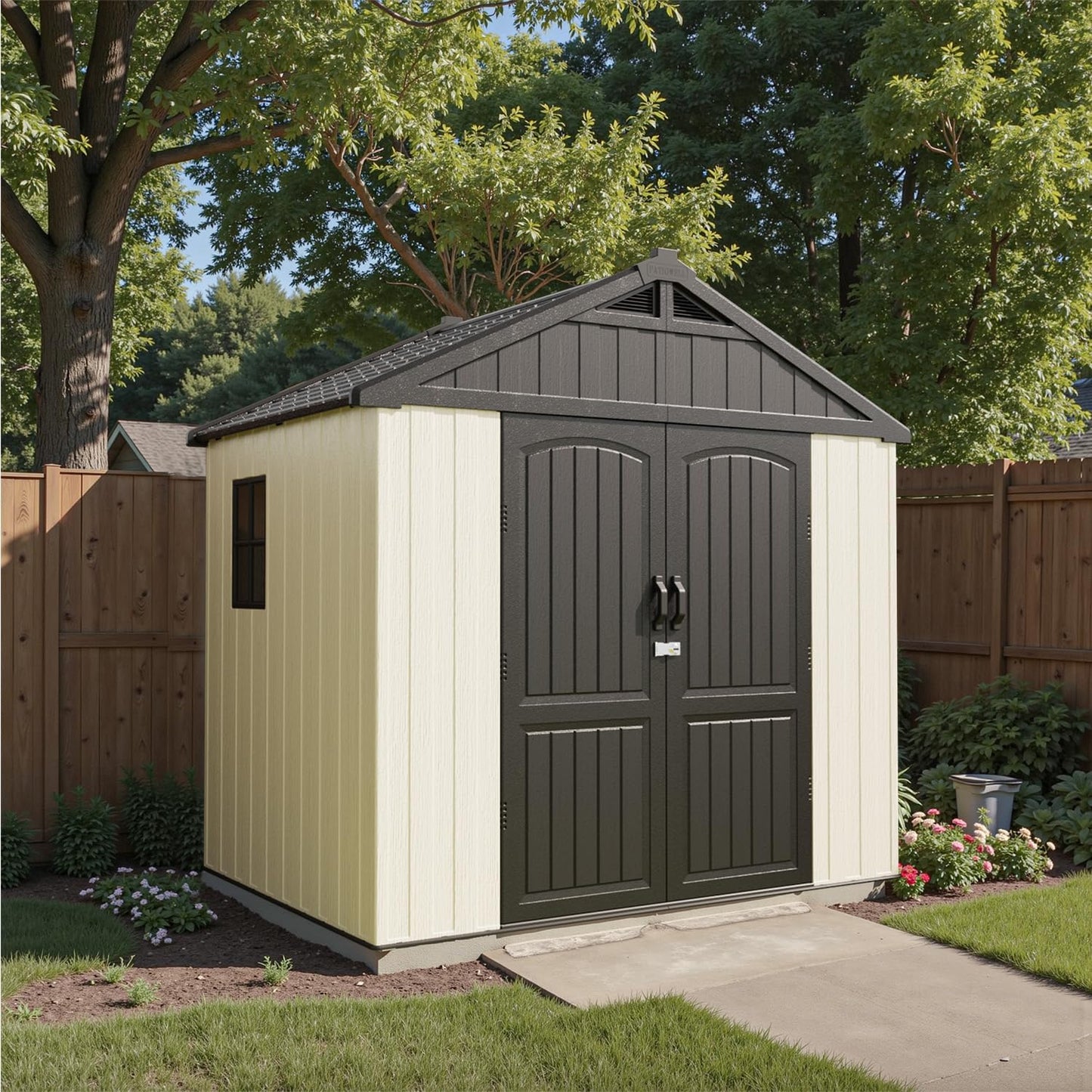 Patiowell 8 x 6 FT Resin Outdoor Storage Shed with Floor, Large Shed with Light and Lockable Door for Garden, Backyard, Tool Storage Use, Easy to Install in Beige (Kick-it Shed)