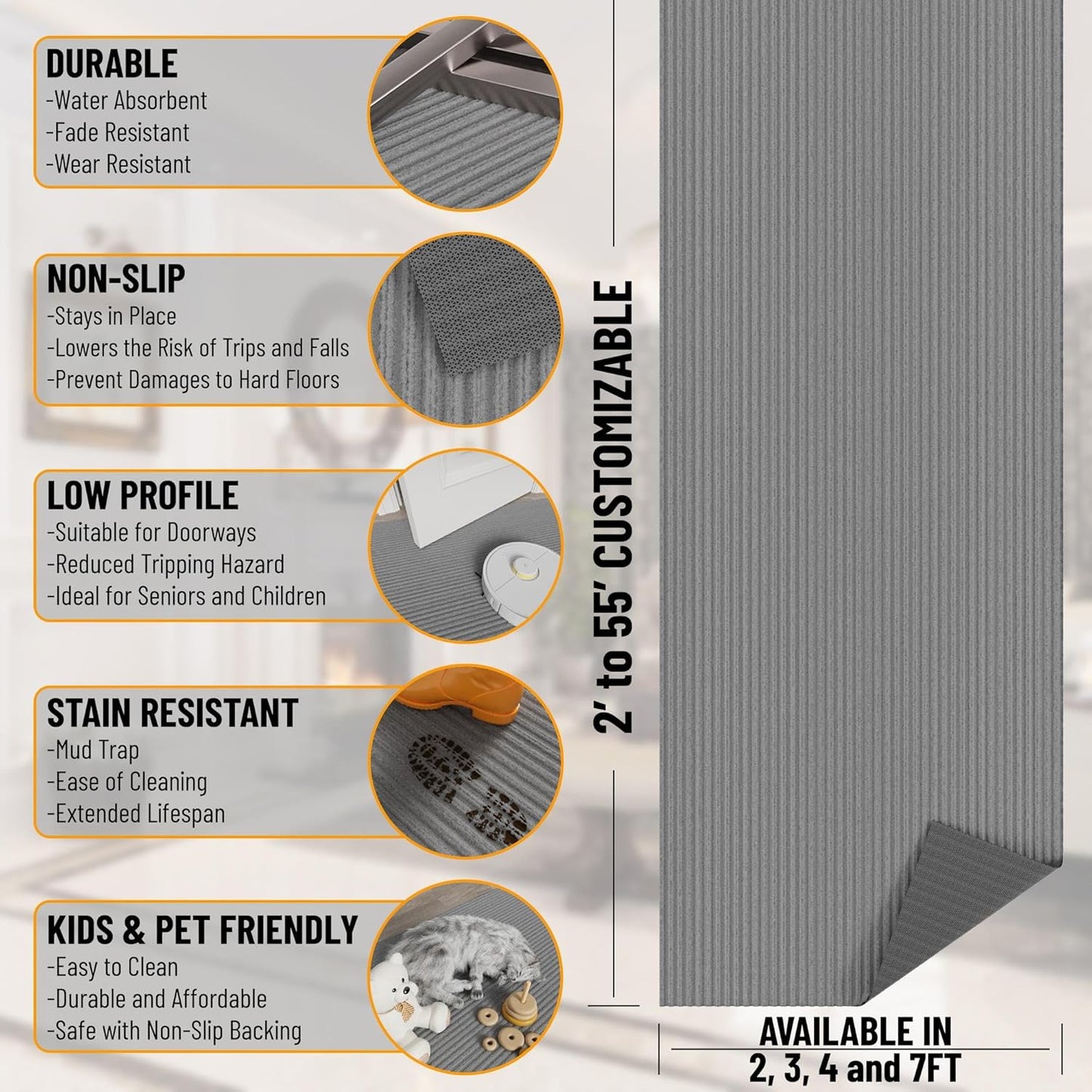 Ottomanson 2' x 5' Hallway Runner with Scraper Pile - Extra Durable Non-Slip Rug Mat for Indoor & Outdoor Use - Ideal for Kitchen, Entryway, Patio & Garage - High-Traffic Carpet, Gray