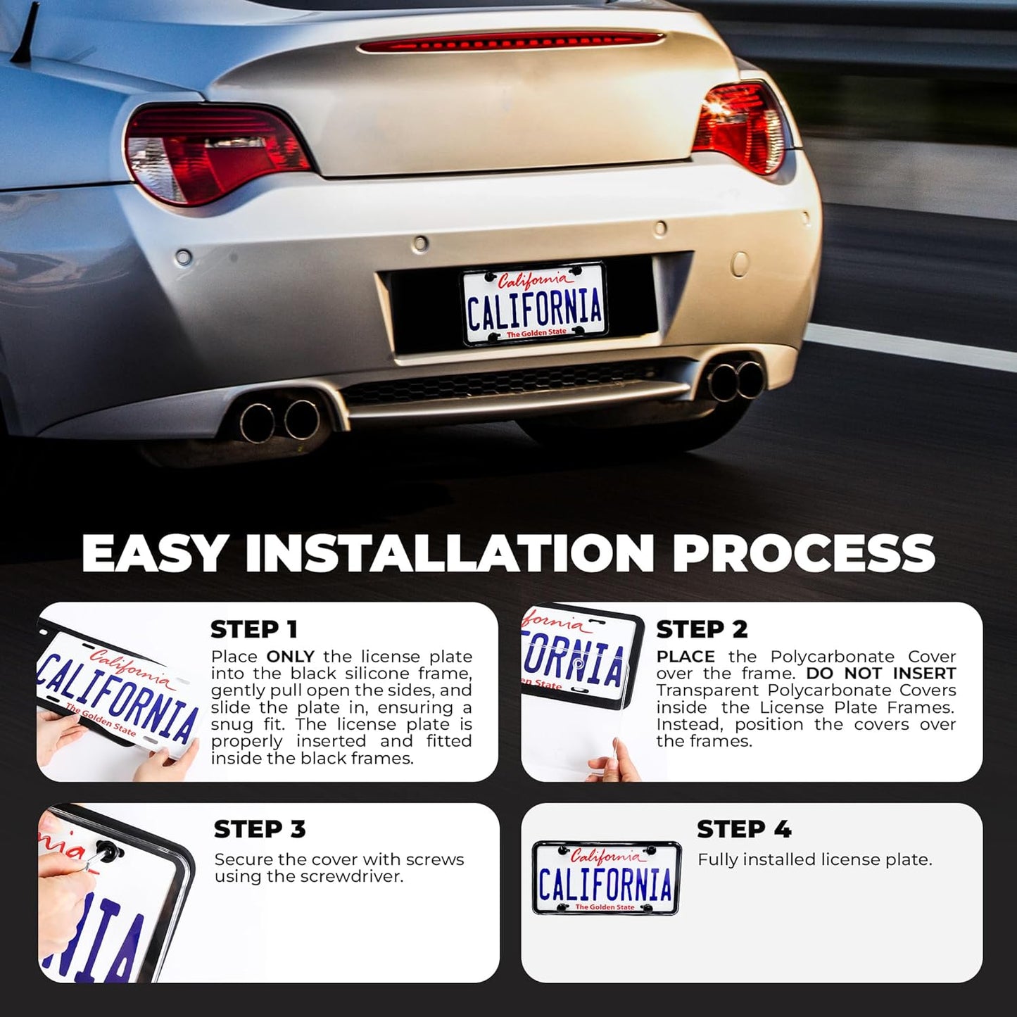 2 Pcs Silicone License Plate Frames with Polycarbonate Covers, Rust-Proof, Weather-Resistant, Easy Installation, Premium License Plate Protector for Cars with 2 Drainage Holes