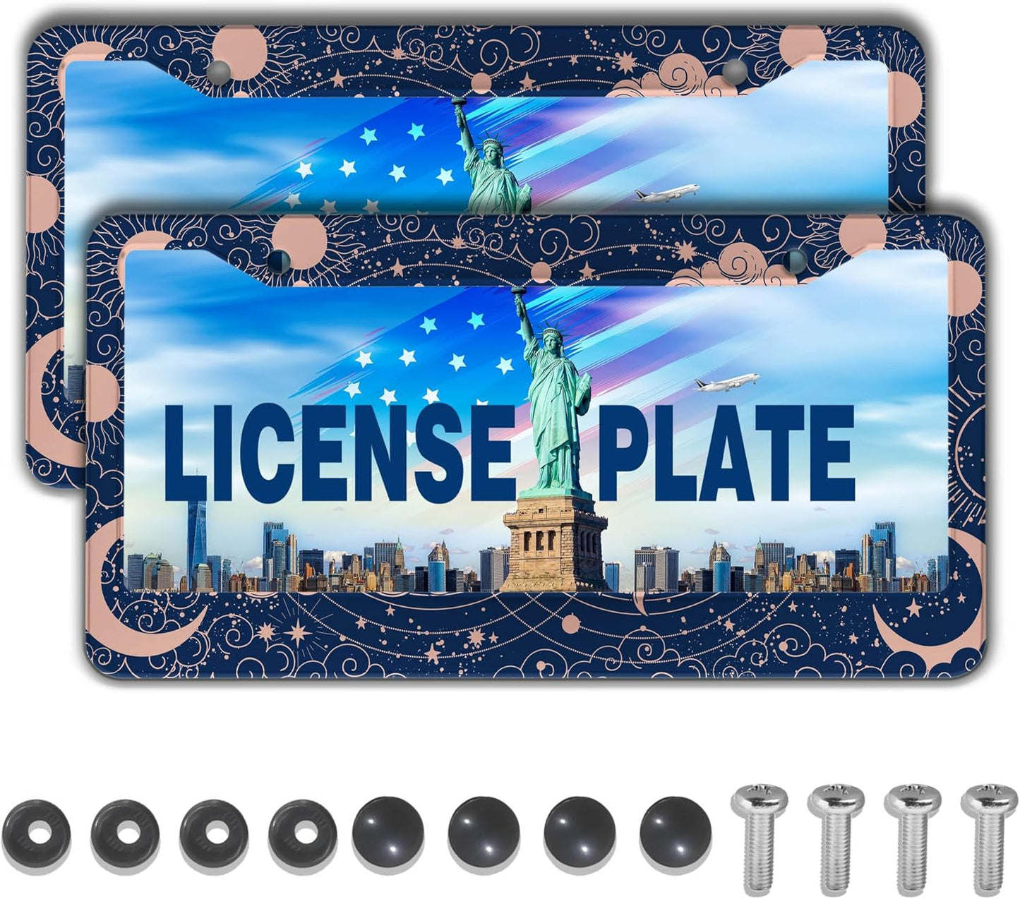 License Plate Frames for Women Blue License Plate Holder for Men Moon Sun Universal Aluminum Car Accessory 2 Pack with Screw Covers Set