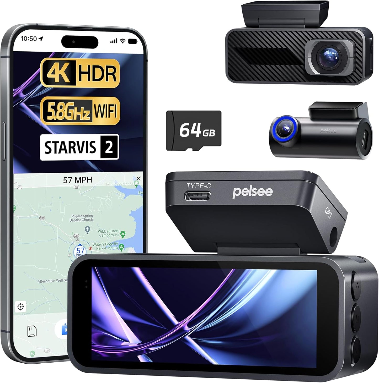 Pelsee P1 Pro Dash Cam Front and Rear, STARVIS 2 Sensor, 4K Dual Dash Camera for Cars with Full-Color Night Vision, HDR WDR, ADAS, GPS, WiFi & Voice Control, 24H Parking Mode, 3.39" Screen, 64GB Card