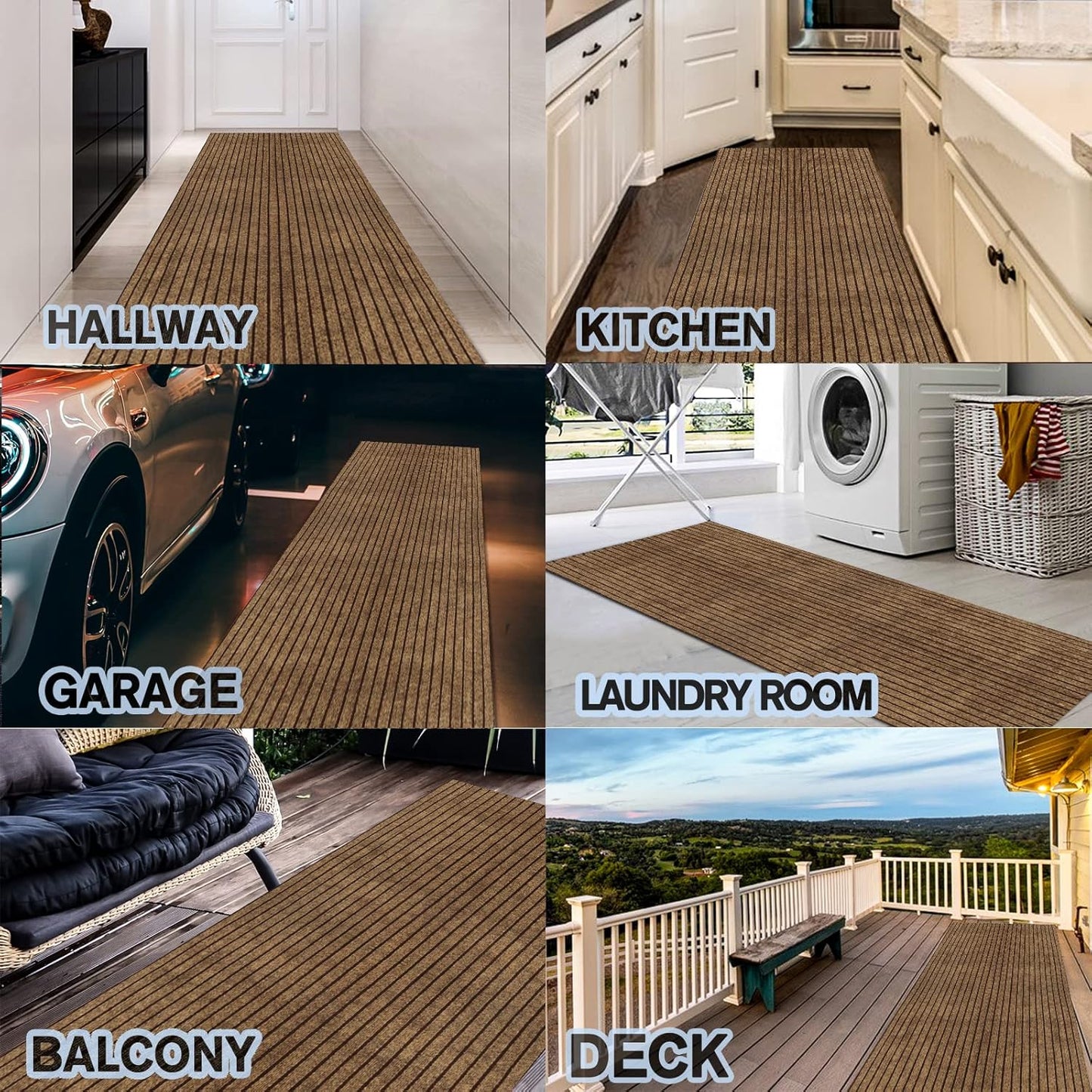 Custom Size Backed Non-Slip Area Rugs Runner, Easy Clean, Waterproof Runner Rugs for Hallway Entryway, Kitchen, Laundry, 3FT x 23FT, Brown Stripe