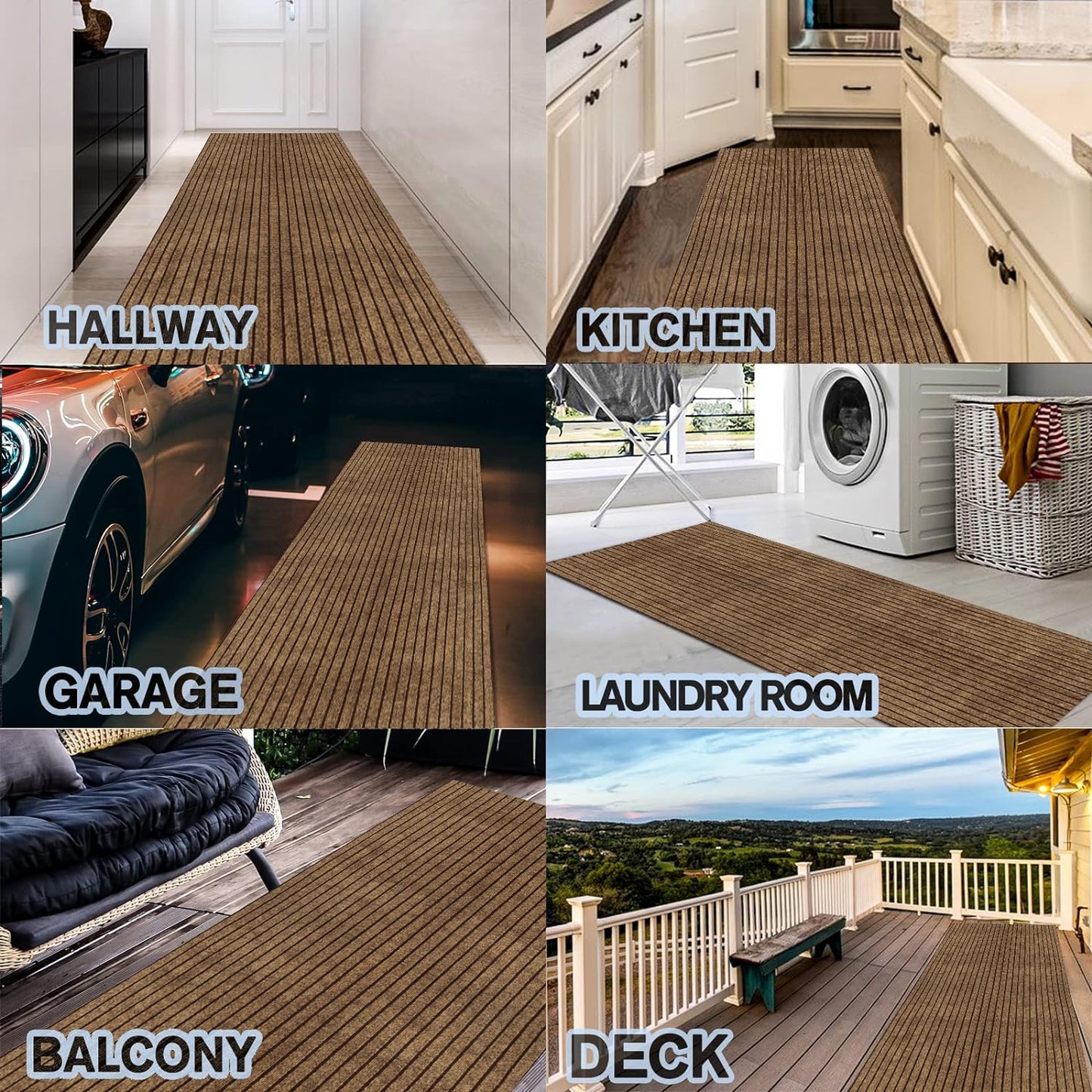 Custom Size Backed Non-Slip Area Rugs Runner, Easy Clean, Waterproof Runner Rugs for Hallway Entryway, Kitchen, Laundry, 3FT x 32FT, Brown Stripe