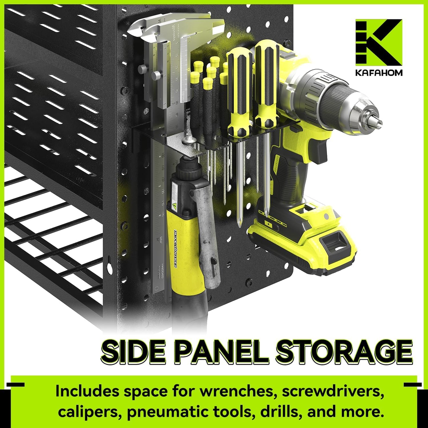 KAFAHOM Power Tool Organizer with Charging Station,9 Drill Holder Wall Mount,4 Layer Durable Metal Cordless Drill Storage for Garage Organization,Battery Tool Rack Built in 7 Outlet Power Strip Black