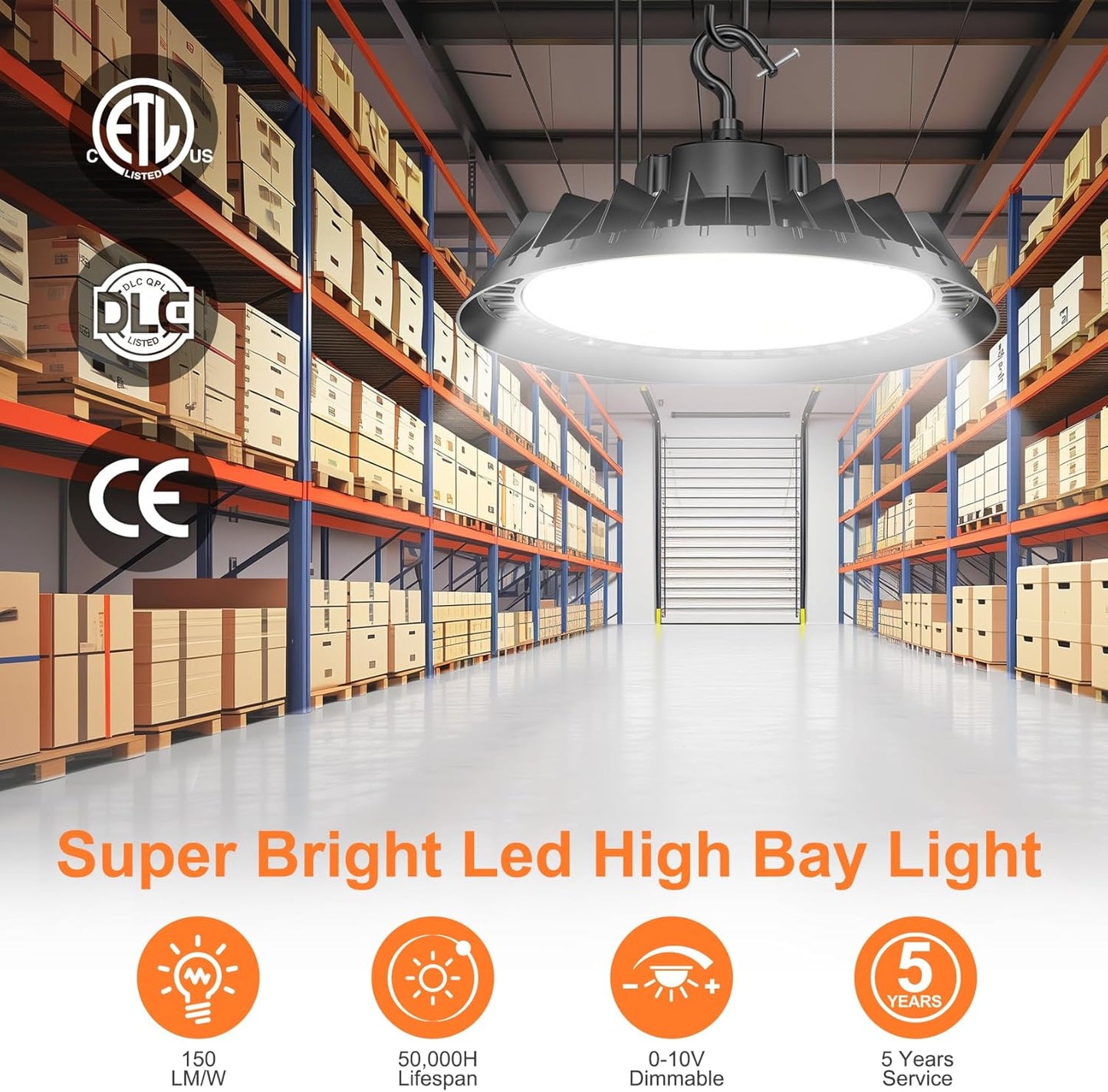 8Pack LED High Bay Lights, Super Bright 150W UFO High Bay LED Shop Lights, 22500LM 5000K, 0-10V Dimmable, 5' Cable Plug, IP65 Waterproof, ETL Listed Plug & Play Lighting for Factory Warehouse