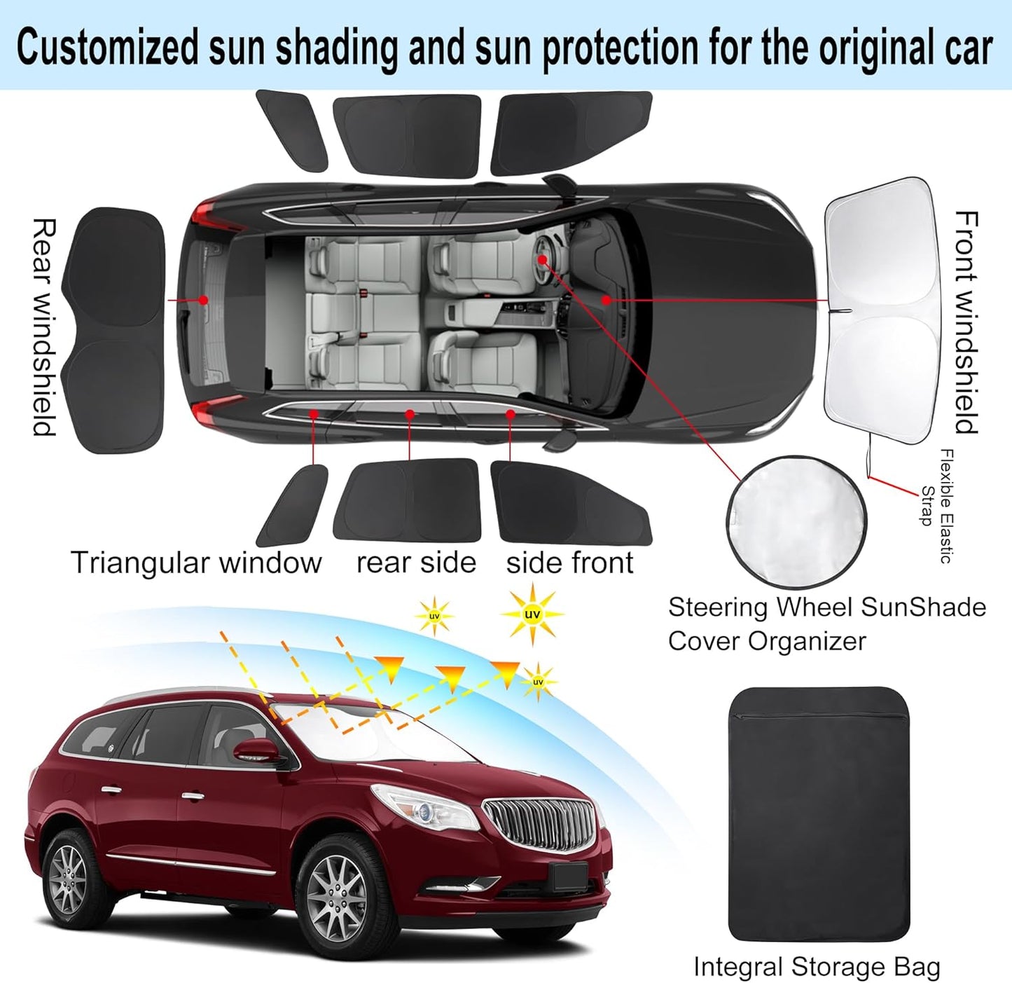 TINGLU Window Shades for Buick Enclave 2010-2017 Accessories Car Side Full Windows Cover Camping Rear Triangular Windshield Sun Shade Sun UV Rays Privacy Protection 8PCS