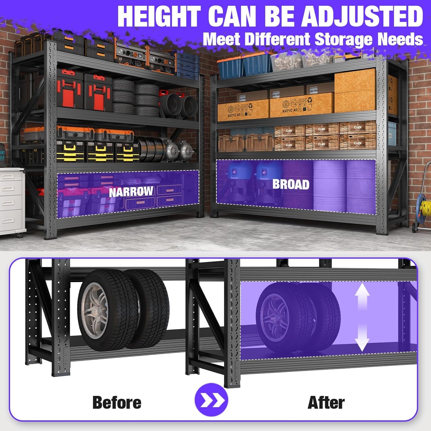 Metal Garage Shelving Unit, Heavy Duty 4-Tier Adjustable Storage Rack, 6000 LBS Loads Industrial Utility Shelves for Garages, Warehouses, Kitchen, Black, 71" W x 24" D x 71" H