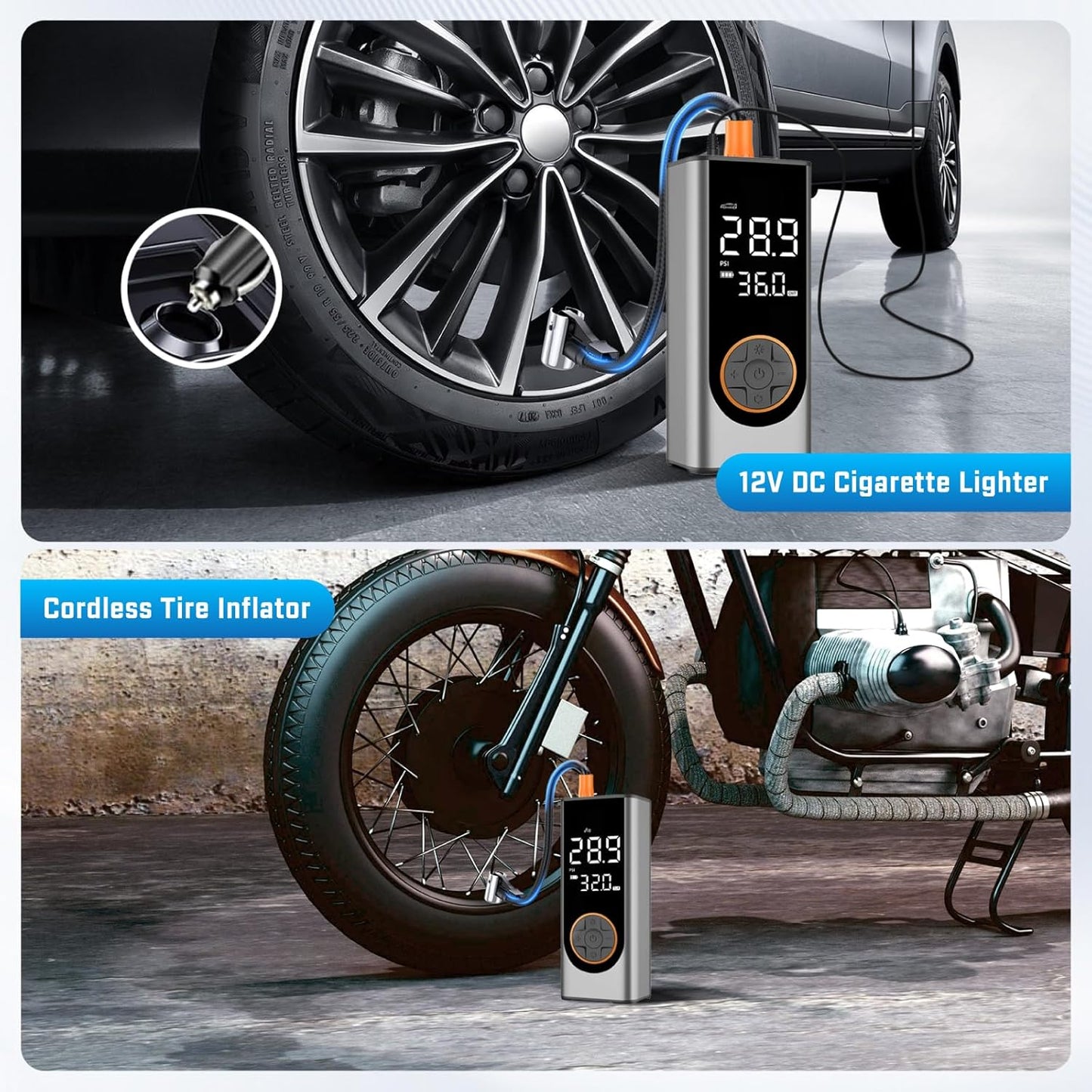 Tire Inflator Portable Air Compressor, 150PSI Cordless Air Pump for Car Tires, 4X Faster 12V DC Tire Pump with Tire Pressure Gauge, LED Light for Cars, Motorcycles, Bikes, Balls (Silver)