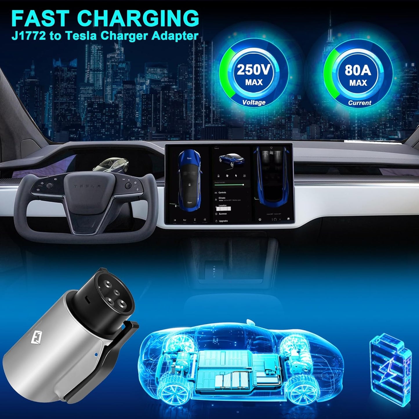 Tesla to J1772 Adapter, for All J1772 EV, 80A 250V Max, Portable and Outdoor EV Adapter, for Tesla High Powered Connectors, Destination Charger, Mobile Charger, Wall Charger, (Silver)