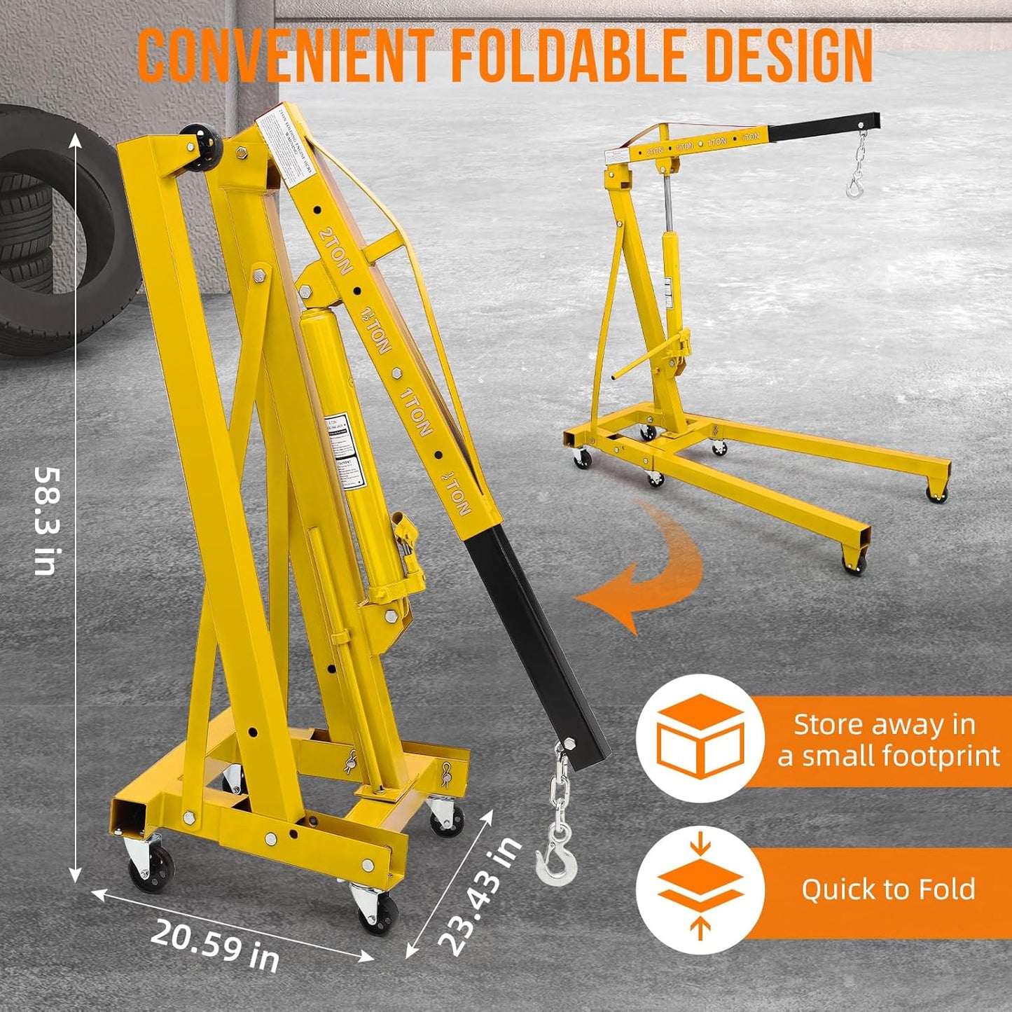 2 Ton Engine Hoist, 4000 Lbs Heavy Duty Folding Cherry Picker Engine Lift Hydraulic Tilting Engine Shop Crane with 6 Iron Caster Wheels Telescopic Boom Hitch,Yellow