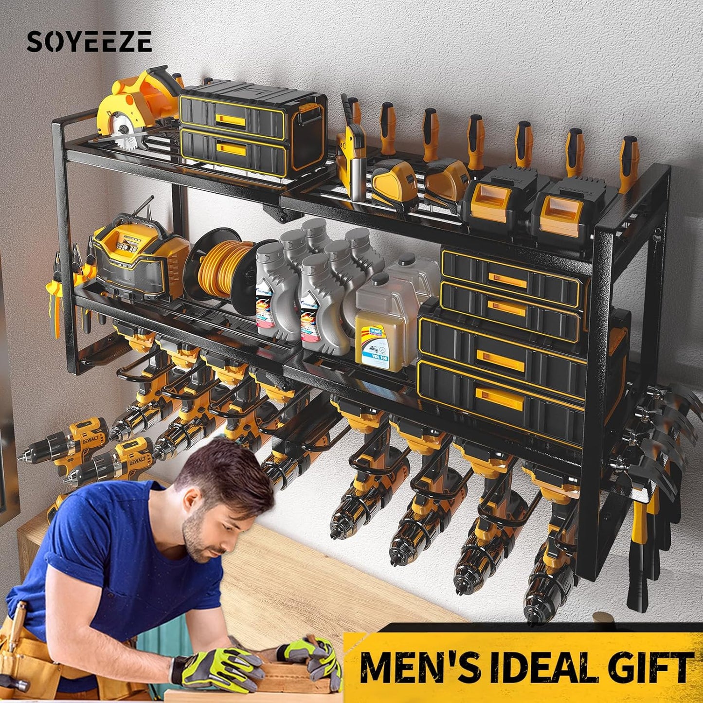 SOYEEZE Power Tool Organizer - 8 Drill & Screwdriver Wall Mount, 3 Layer Storage Rack with Hammer & Plier Holder