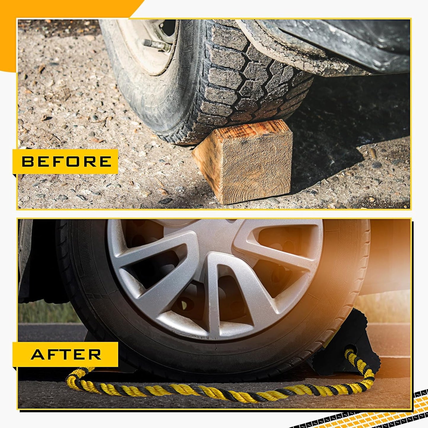 4 Pair Heavy Duty Wheel Chocks for RV Trailer, Rubber Wheel Stoppers, Dual Blocks, Non Slip Tire Chock with Nylon Rope Reflective Tape for RV Camper Travel Trailers Car Truck (Yellow)