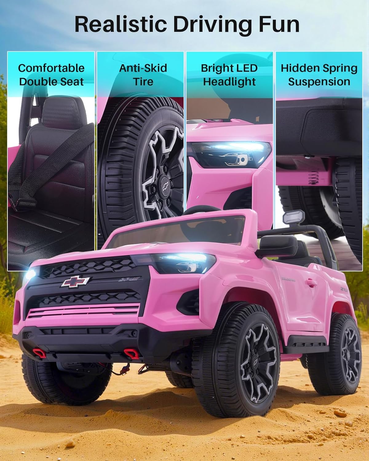 Joywhale 24V Ride on Truck 4WD Kids Electric Vehicle Licensed Chevorlet Ride on car with 7AH Big Battery, 320W Powerful Motors, 2 Seats, Music, 4 Wheel Suspension, 2 Speeds, LED Lights, Rose Red