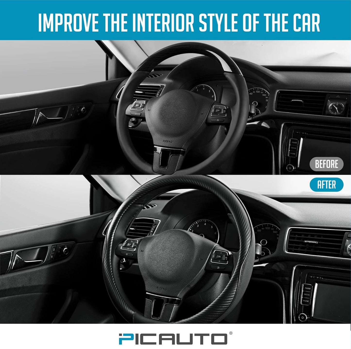 PIC AUTO Steering Wheel Cover, Black Piping Leather, Sports Carbon Fiber and Super Breathable Leather, Universal 14.5-15.5 Inch Anti-Slip Steering Wheels Accessories for Men & Women