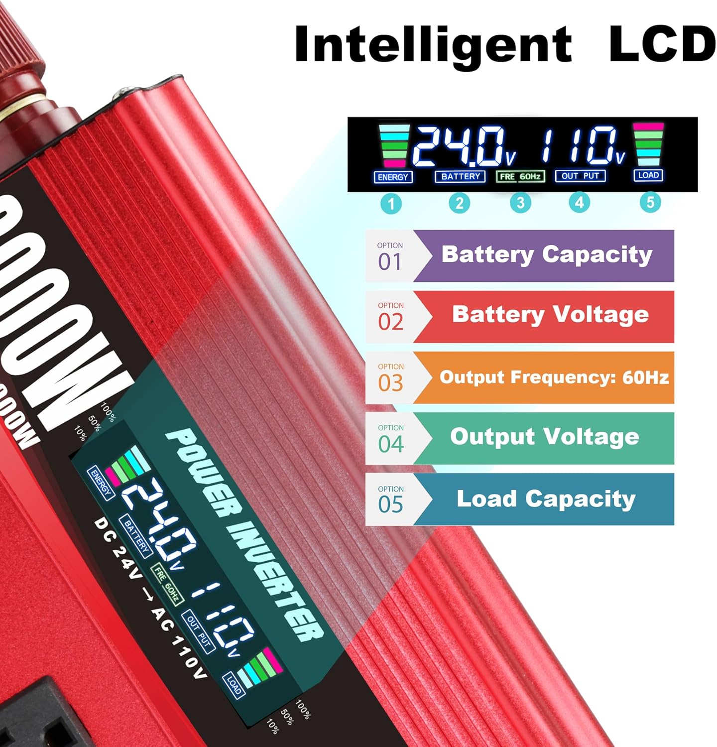3000W Power Inverter 24V to 110V/120V DC to AC with LCD Display, Remote Controller 4 x AC Outlets and 4 x 3.1A USB Car Adapter for Car Truck Boat RV Solar System
