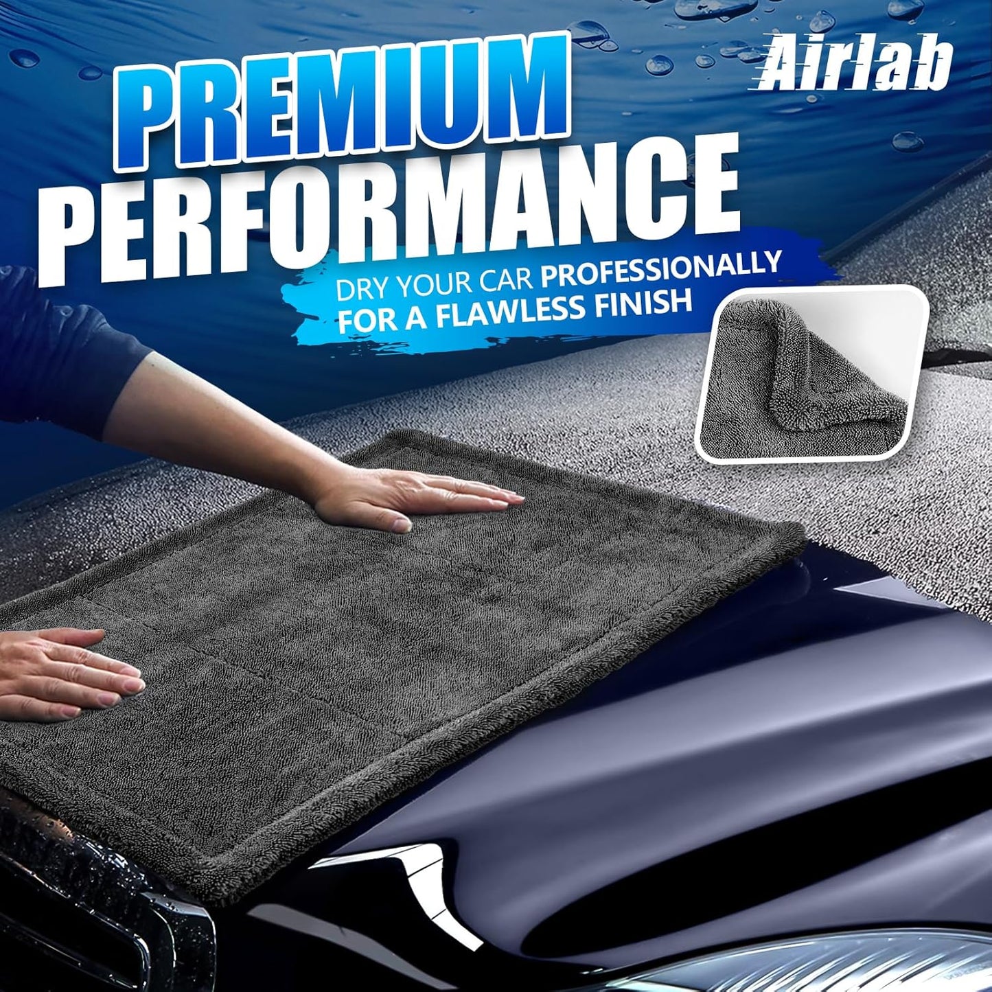 Airlab Microfiber Towels for Cars Wash Drying Super Absorbent Cleaning Cloth Auto Detailing Ultra Soft, Lint-Free, Streak-Free, 24 x 16 Inch, Pack of 1, Dark Grey, 1200 GSM