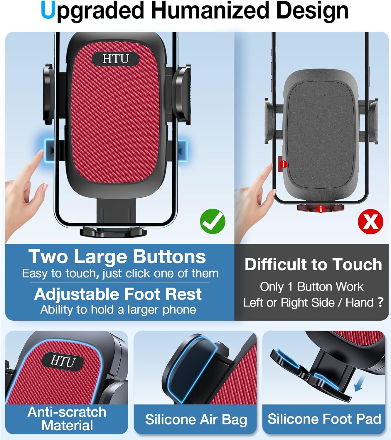 HTU [True Military-Grade] 2025 Upgraded Car Phone Holder 【Safety Certs & No Smell】 Cell Phone Holder for Car Mount for Dashboard Windshield Air Vent Long Arm Thick Case,Red