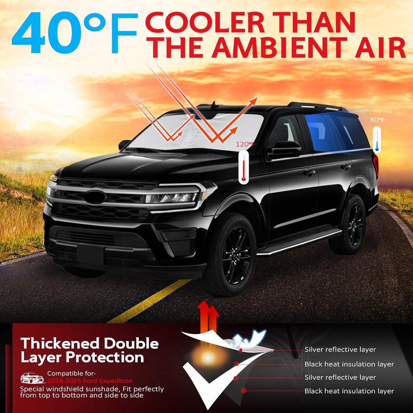 KAYZT Windshield Sun Shade for 2018-2025 Ford Expedition Foldable Sunshade Front Window Custom Fit Car Accessories