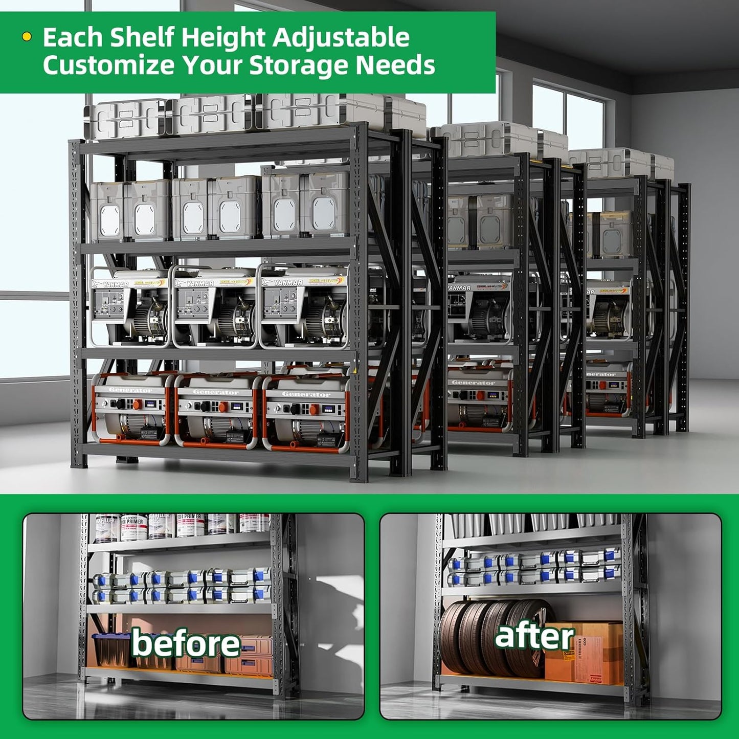 3000LBS Heavy Duty Storage Shelves,78''H Metal Garage Shelving, 4-Tier Adjustable Garage Organization Shelving Units, Industrial Shelving for Warehouse,Workshop- Classic Black