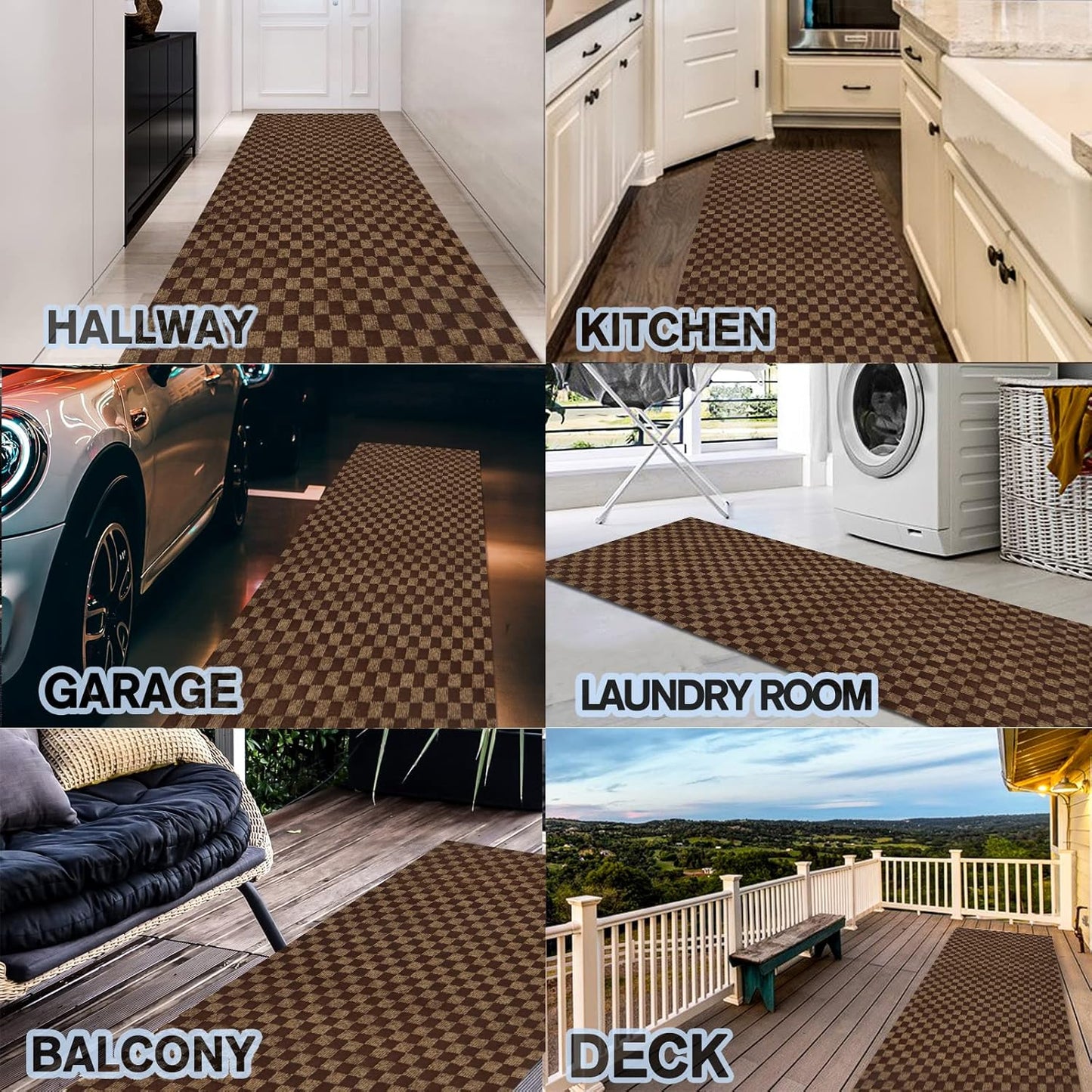 Custom Size Backed Non-Slip Area Rugs Runner, Easy Clean, Waterproof Runner Rugs for Hallway Entryway, Kitchen, Laundry, 3FT x 67FT, Brown Checkered