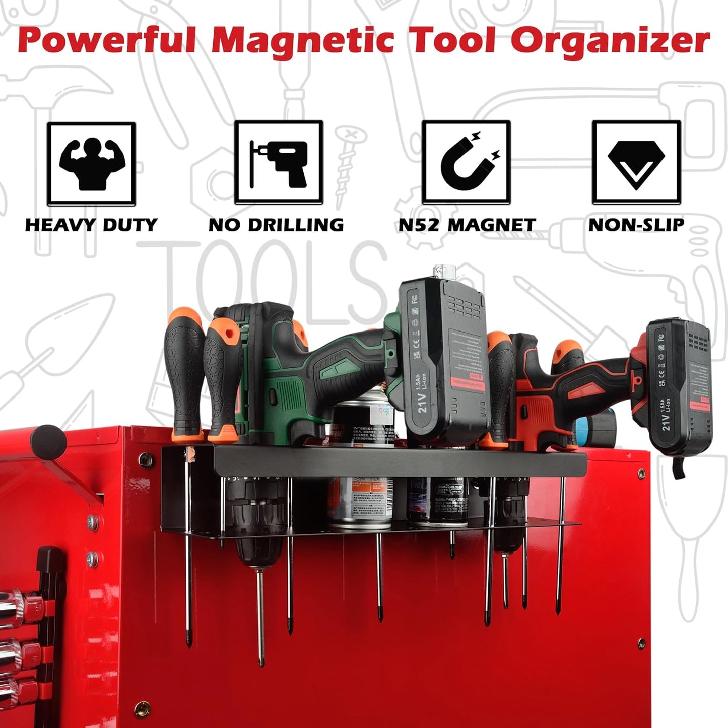 ULIBERMAGNET Power Tool Organizer Rack,Magnetic Heavy Duty Spray Bottle Holder,Wall Mount Metal Tool Rack with Screwdriver,Cordless Drill,Screw,Nail Storage,Utility Rack for Warehouse,Garage,Toolbox
