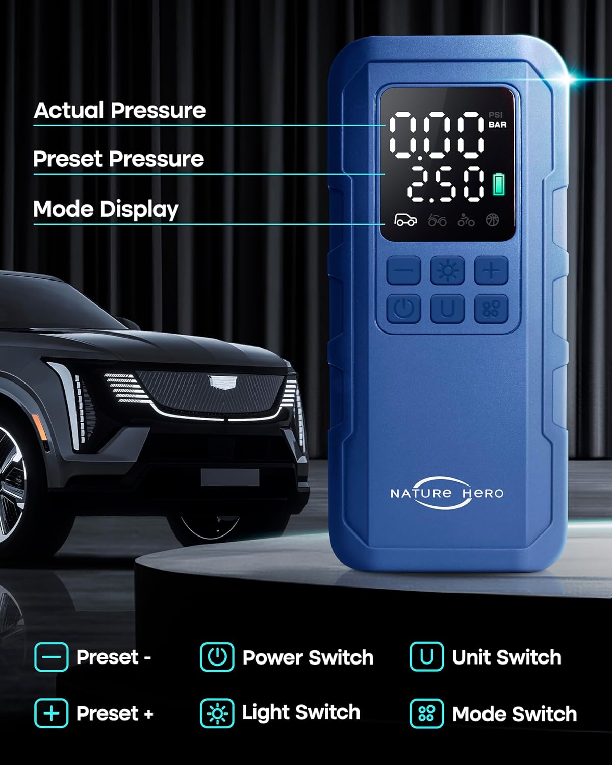 Tire Inflator Portable Air Compressor,150 PSI car tire air pump portable with Digital LCD Pressure Gauge,Electric Air Pump for Motorcycle Tires,Bicycle Tires and Balls,Blue