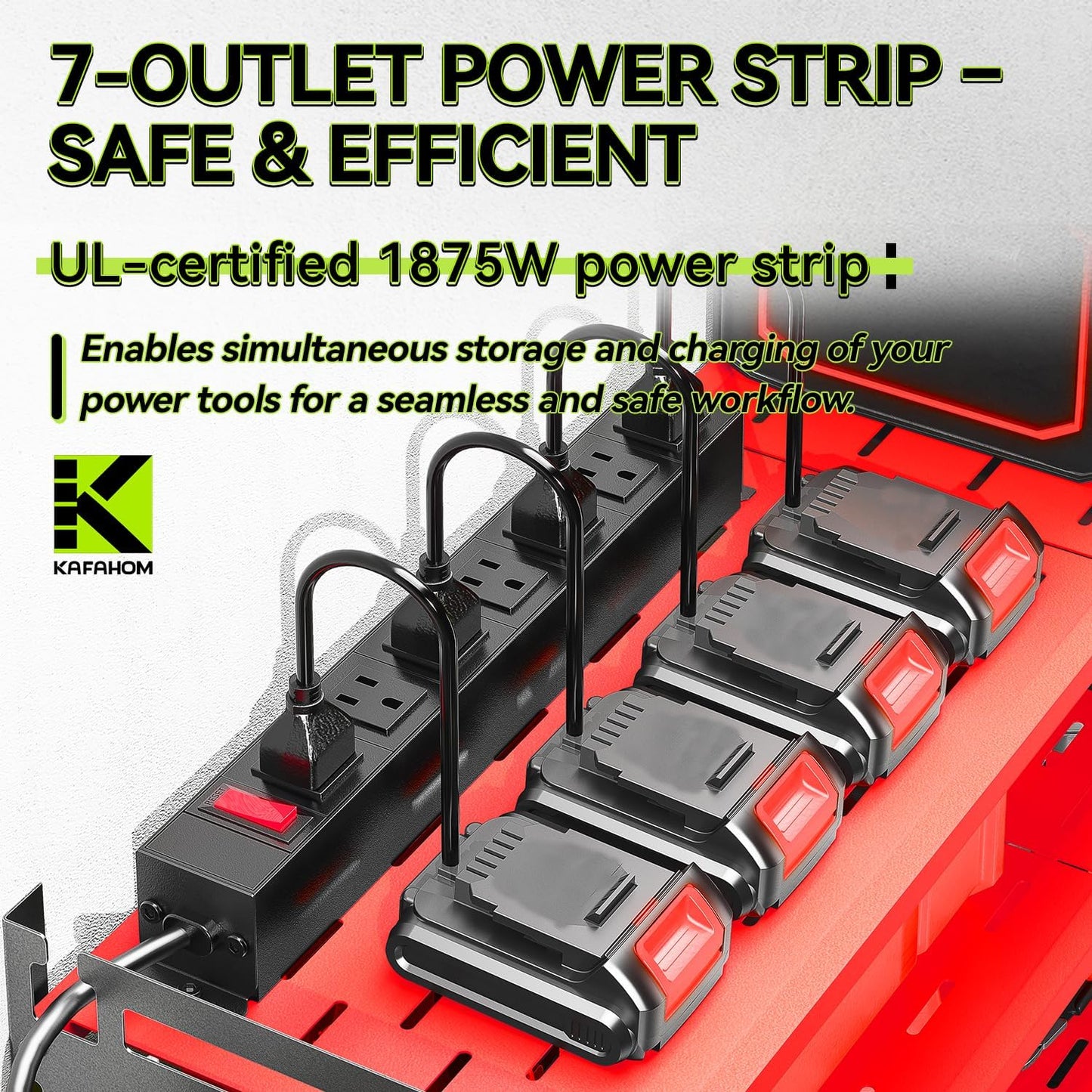 KAFAHOM Power Tool Organizer with Charging Station,9 Drill Holder Wall Mount,4 Layer Heavy Duty Metal Cordless Drill Storage for Garage Organization,Battery Tool Rack Built in 7 Outlet Power Strip Red