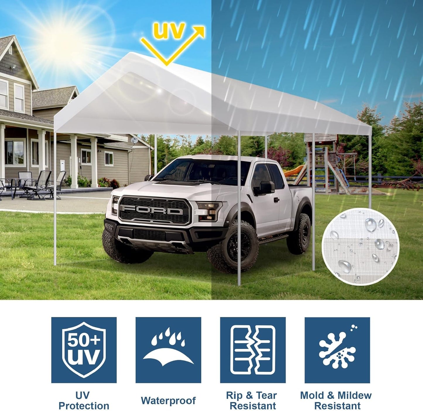 12'x20' Carport Replacement Canopy Cover for Car Garage Shelter Tent Party Tent Top Tarp with Ball Bungees (Only Top Cover, Frame is not Included)