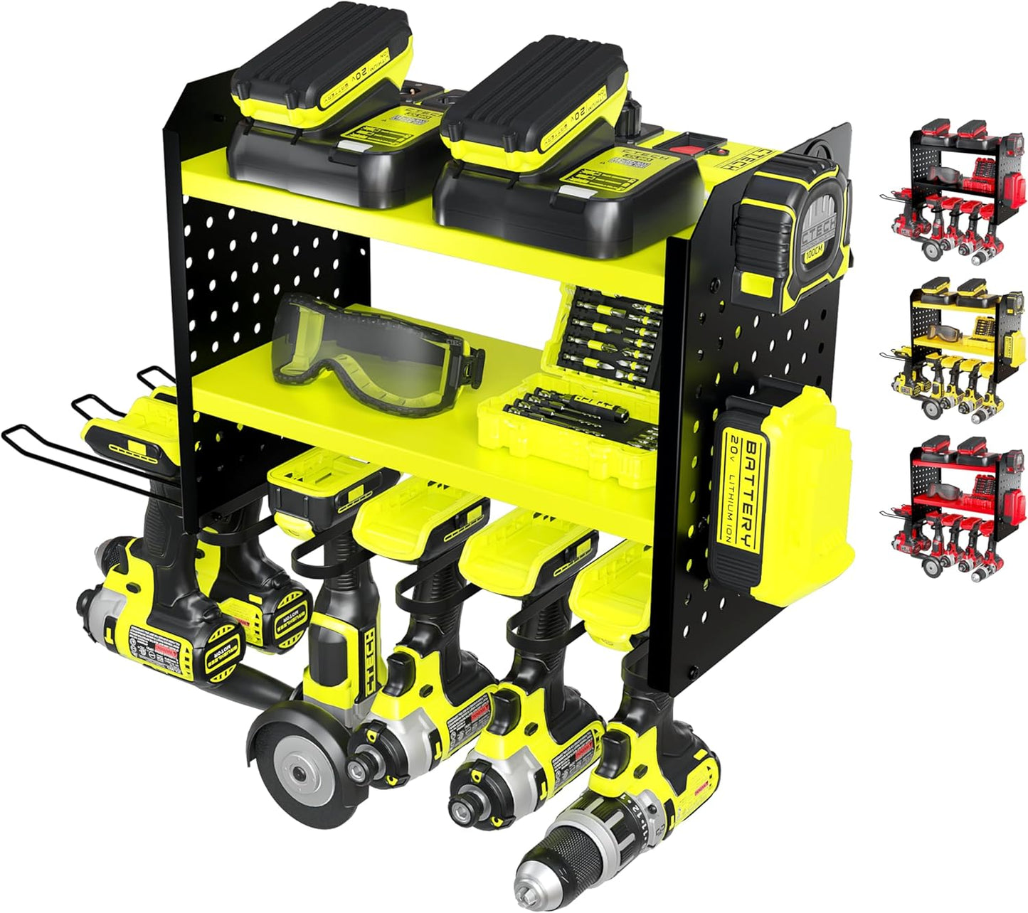 Power Tool Organizer - 6 Drill Holder Wall Mount, 3-Tier Heavy-Duty Hand Tool Storage Rack With 2 Pegboard Sides - Green