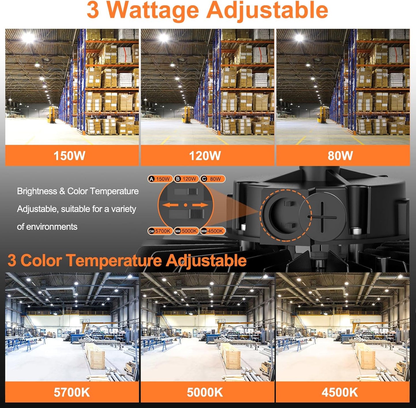 4Pack LED High Bay Lights, 150W UFO High Bay LED Shop Lights, 22500LM Adjustable CCT(5700K 5000K 4500K) & Power(150W 120W 80W), 0-10V Dimmable, 5' Cable Plug, IP65 Waterproof, ETL & DLC Listed