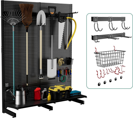 JWX Garage Pegboard Tool Organizer Free Standing, Organizer Storage Rack with 21 Pegboard Storage Set Max 300 lbs Super Heavy Duty Garden Tool Hanger Rack for Ski Gears, Broom, Shovel Yard Tools