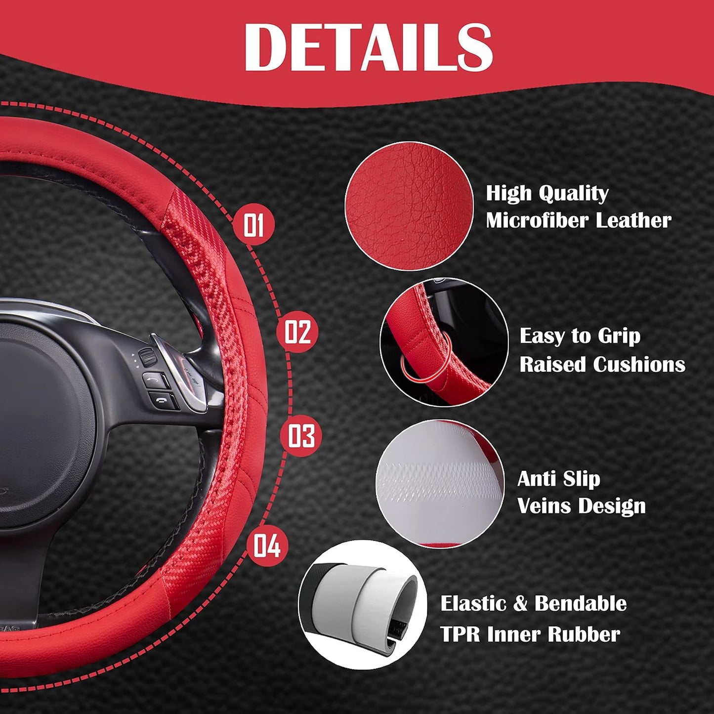 CAR PASS Line Rider Microfiber Leather Sporty Steering Wheel Cover 14.5-15 inch Universal Fits for 95% Truck,SUV,Cars, Anti-Slip Safety Comfortable Desgin (Red-Carbon Fiber)
