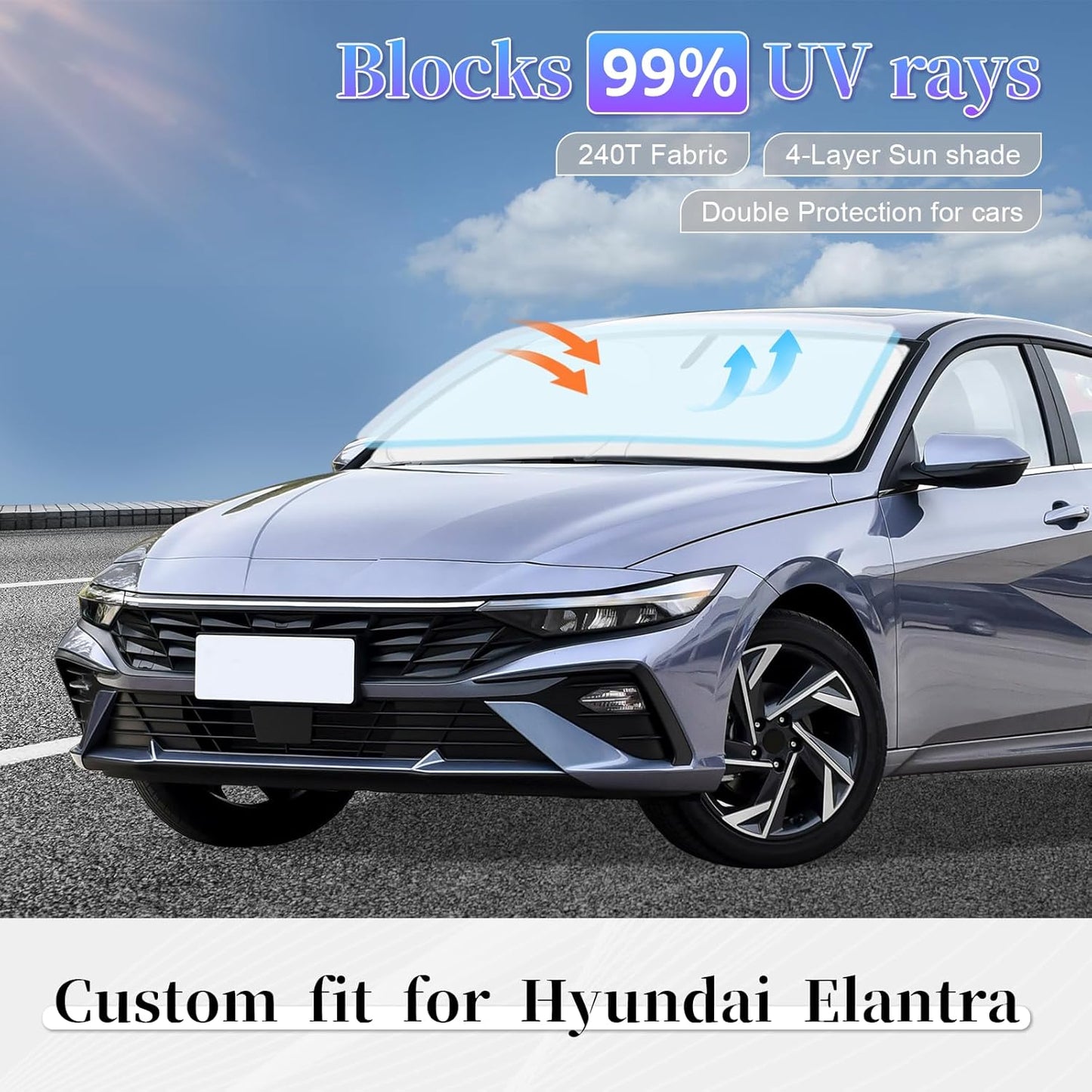 Sun Shade Sunshade for Hyundai Elantra 2021-2024 2025 2026 Windshield Cover, 4-Layer Front Window Shade Custom fit Elantra Sun Visor 240T Retractable Shade Blocks UV Rays Cooler Car Accessorie