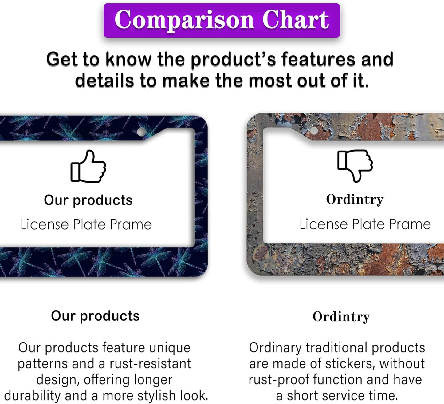 License Plate Frames Black Blue Automotive Exterior Accessories Beautiful Dragonfly Insects Aluminum Metal Car Accessory 2 Pack with Screw Covers Set