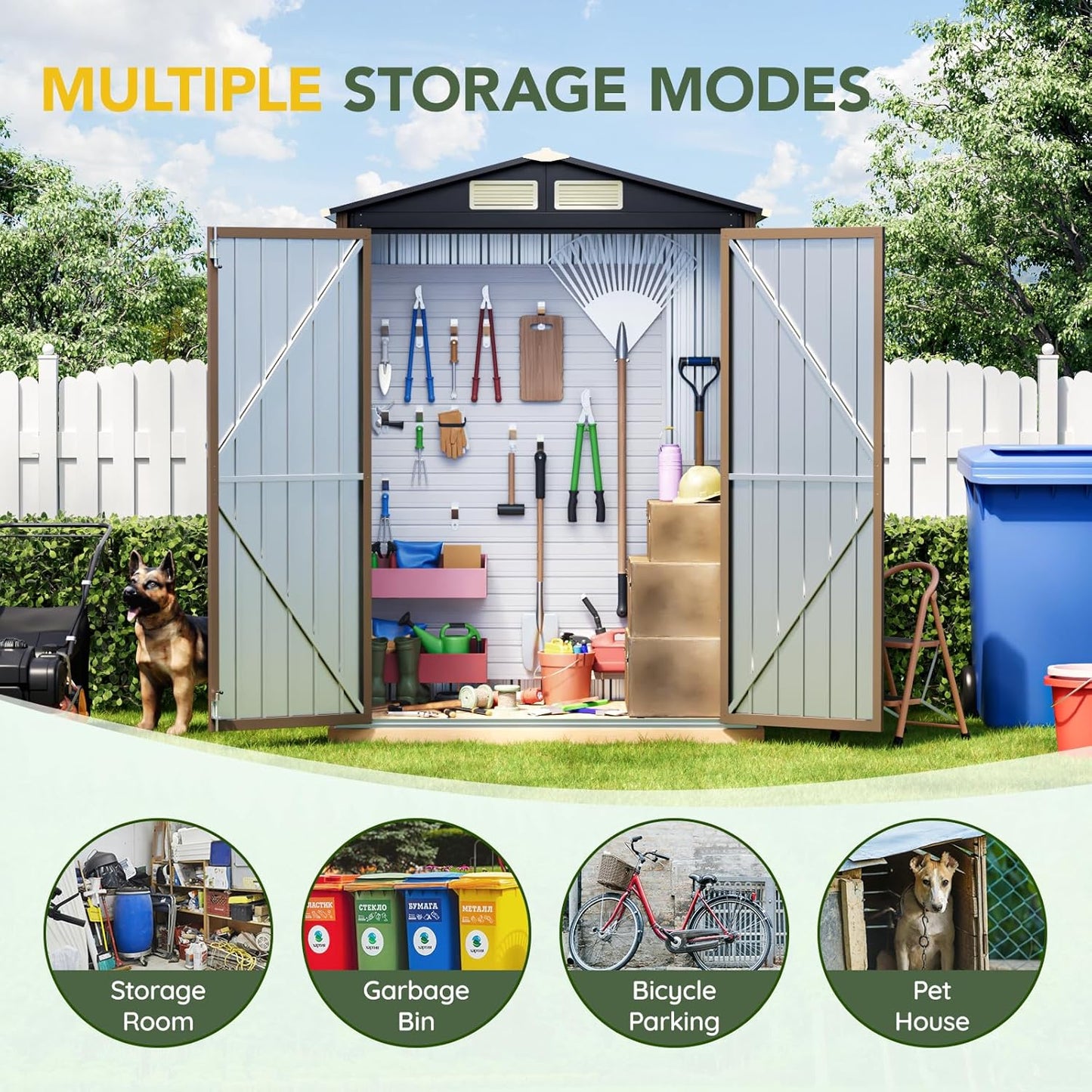 5x3FT Outdoor Steel Storage Shed with Floor Frame, Lockable Doors, Compact Metal Tool Shed for Garden, Backyard, Patio, Utility, and Bike Storage,Brown