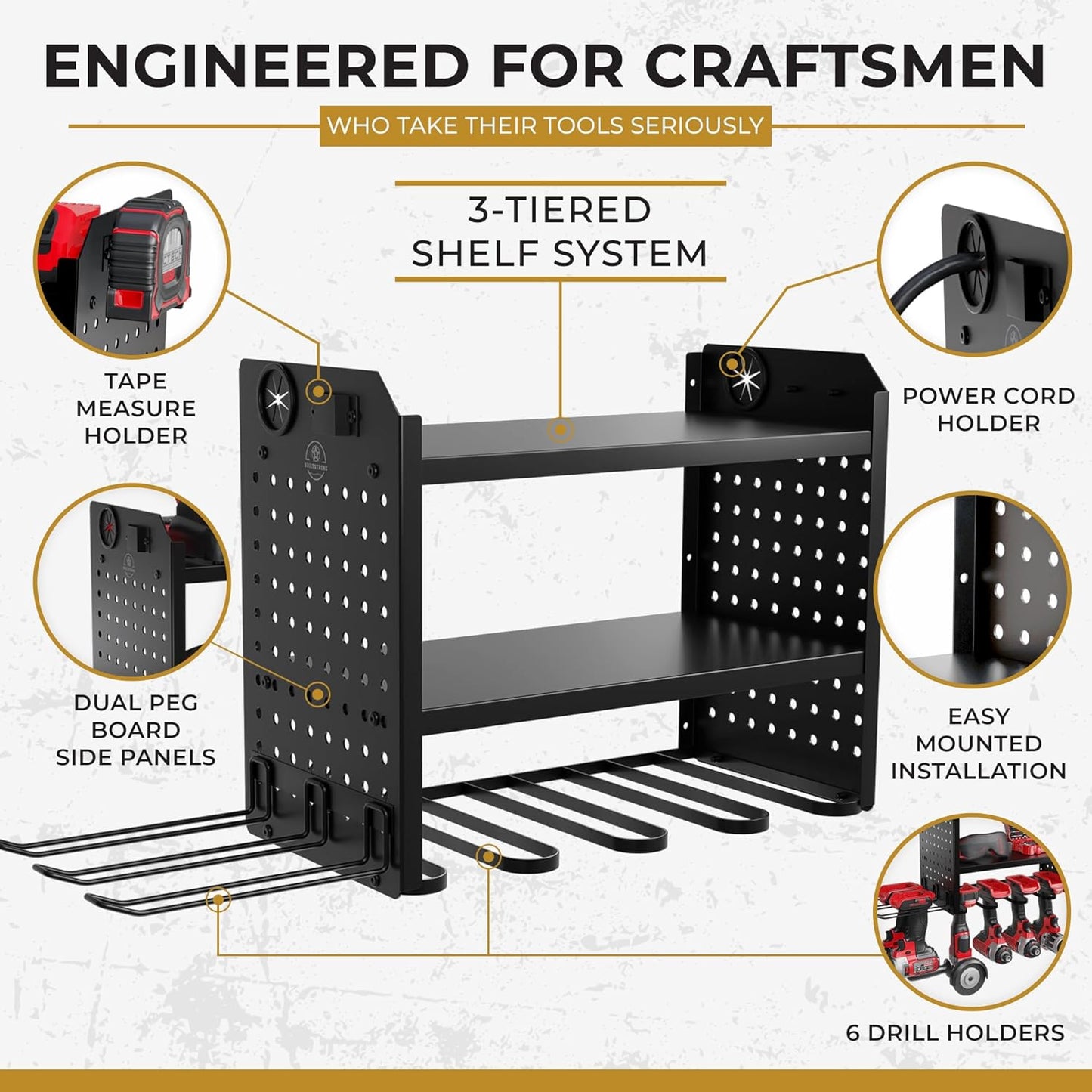 Power Tool Organizer-6 Drill Holder Wall Mount, 3 Tier Heavy-Duty Hand Tool Storage Rack, Utility Racks, Drill Holder, 2 Pegboard Sides - Garage Storage Cordless Tool Organizer (Black)