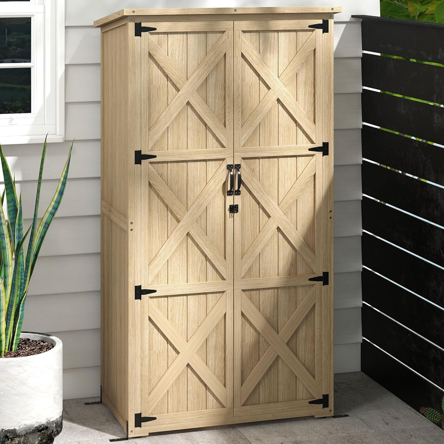 Wooden Garden Shed, Outdoor Storage Cabinet with Waterproof Asphalt Roof, Narrow Tool Shed with Shelves and Lockable Doors, Natural