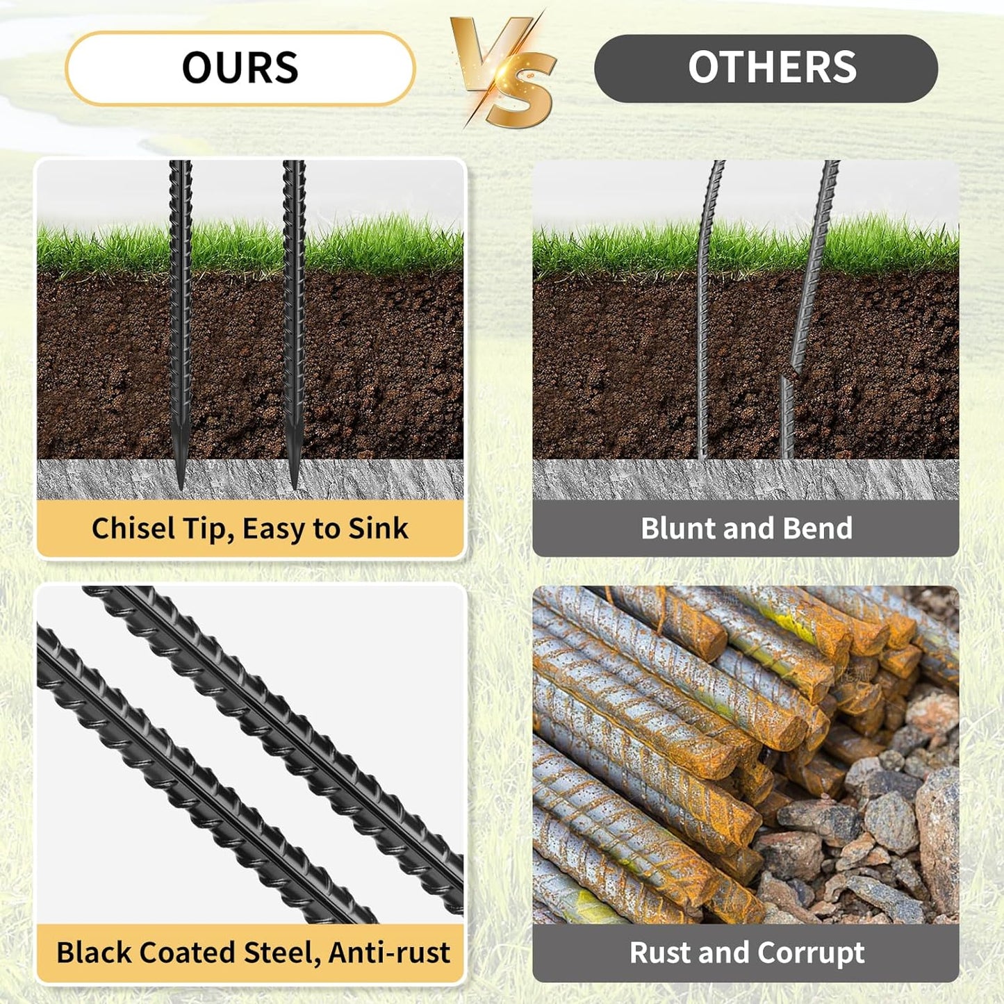 24 Inches Straight Rebar Stakes(20-Pack), 1/2" Diameter Steel Metal Stakes for Garden with Chisel Point End Heavy Duty Ground Anchors for Landscape, Concrete Form, Camping & Trapping Black