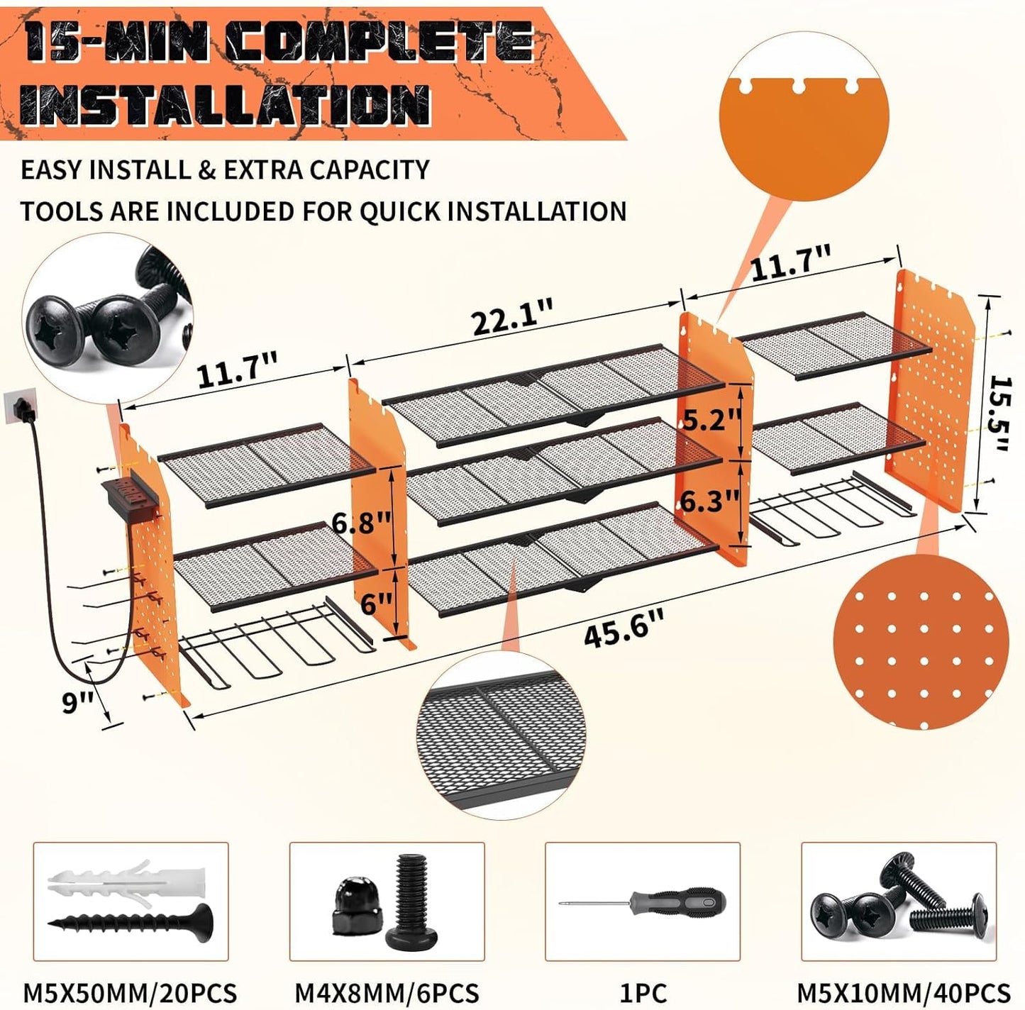 45" Large Power Tool Organizer Wall Mount with Charging Station - 3 Layer Storage Racks with 8 Cordless Drill Holder, 4 Hooks, Heavy Duty Garage Tool Organizer Storage for Workshop Pegboard Basement