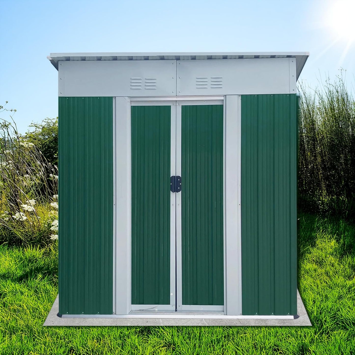 5x3 FT Outdoor Storage Shed with Sloping Roof, Waterproof Metal Garden Sheds w/Lockable Sliding Doors and Vents, Weather Resistant Tool Storage House for Backyard, Patio, Lawn, Green