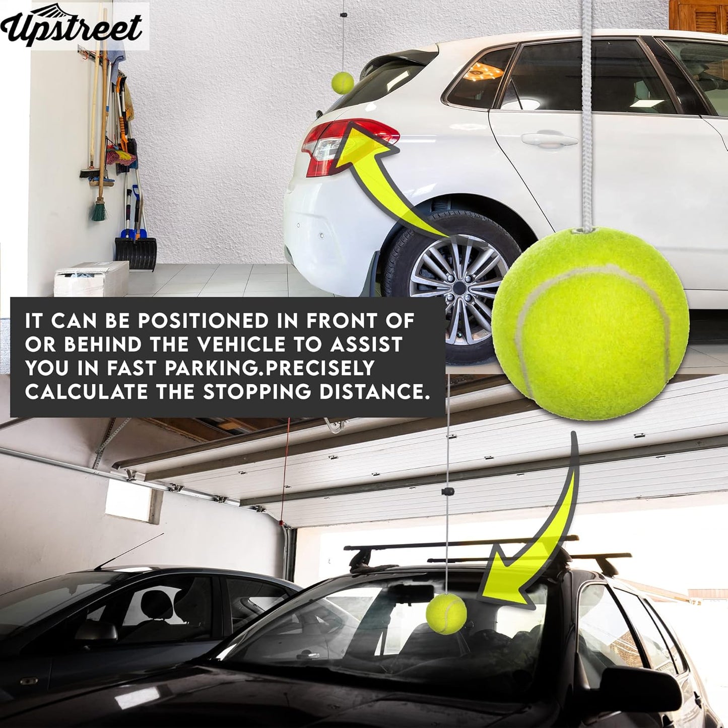 Upstreet Garage Parking Aid or Stopper - Kit Includes Tennis Ball with Rope, Adjustable Clip, and Hooks - Car Stop Indicator for All Vehicles